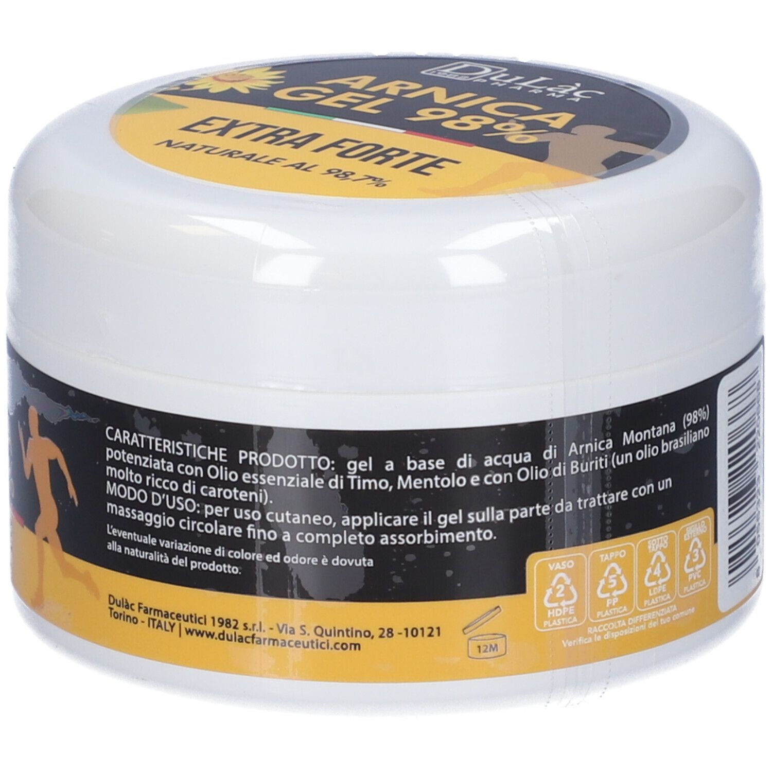 Weißer Tiegel mit schwarzem und gelbem Etikett. Aufschrift: Arnica Gel 98% Extra Forte. Produktmerkmale.