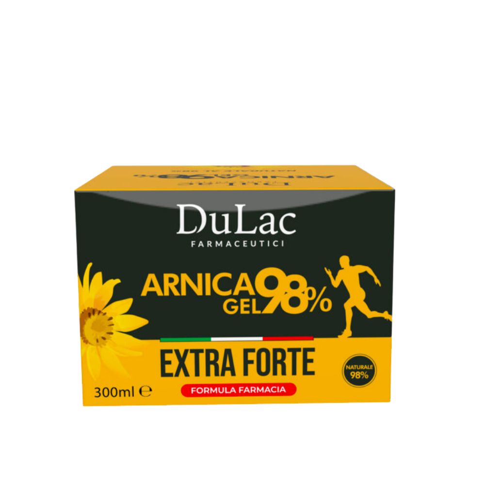 Emballage de gel. Gel à 98% d'arnica. Emballage jaune avec nom et logo du produit. Fond noir.