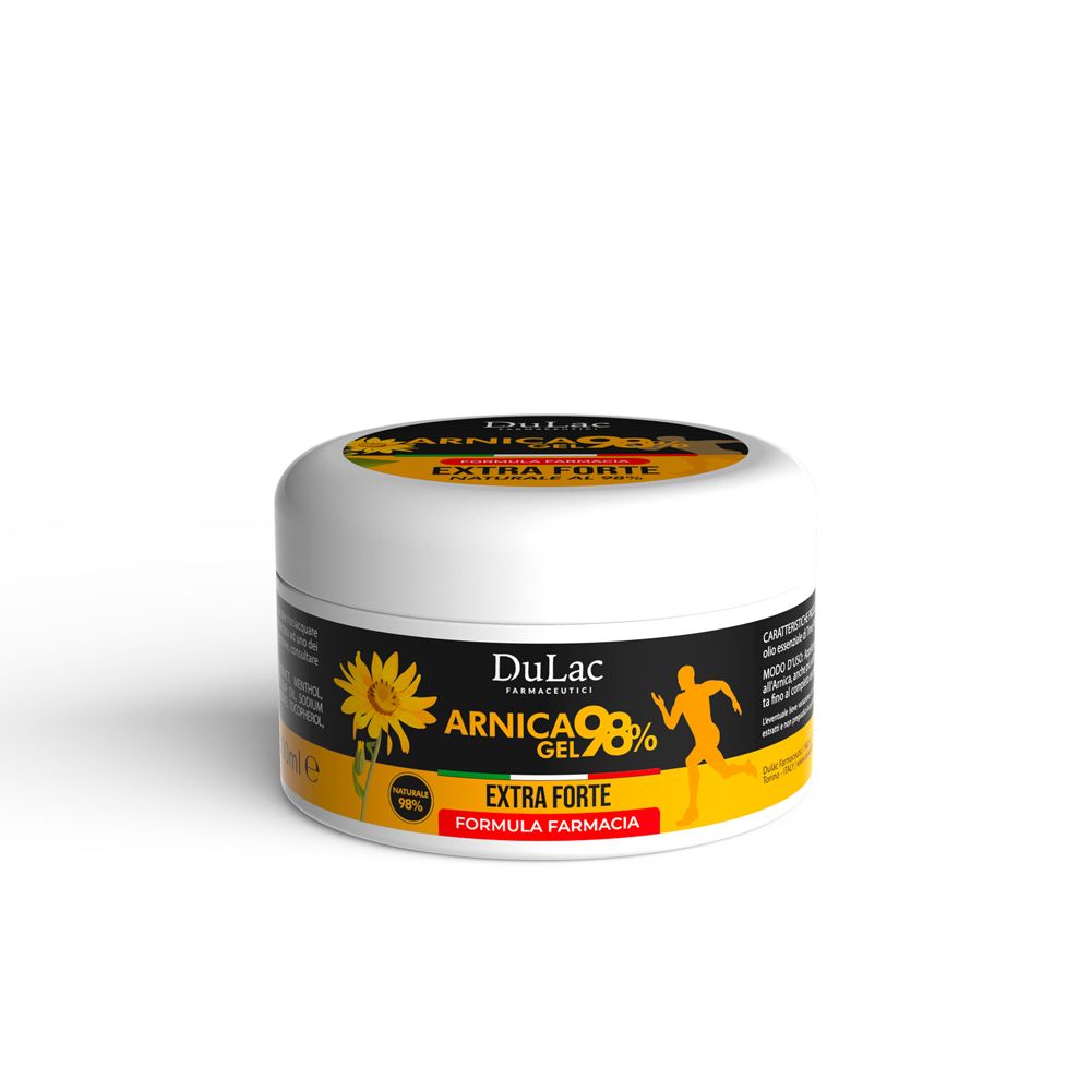 Pot de gel. Gel à 98% d'arnica. Pot avec couvercle jaune et nom du produit. Fond noir.
