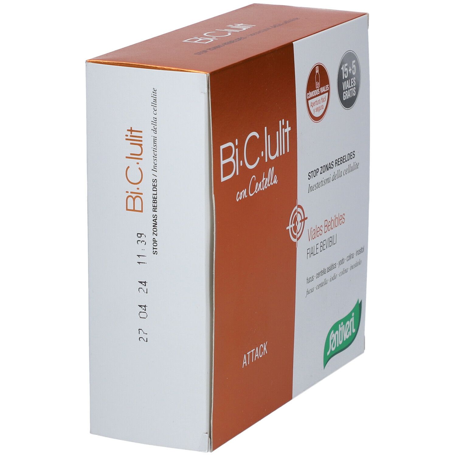 Boîte Bi.C.Lulit con Centella. Texte: Stop Zonas Rebeldes. Logo Santiveri. Côté avec texte et date de péremption.