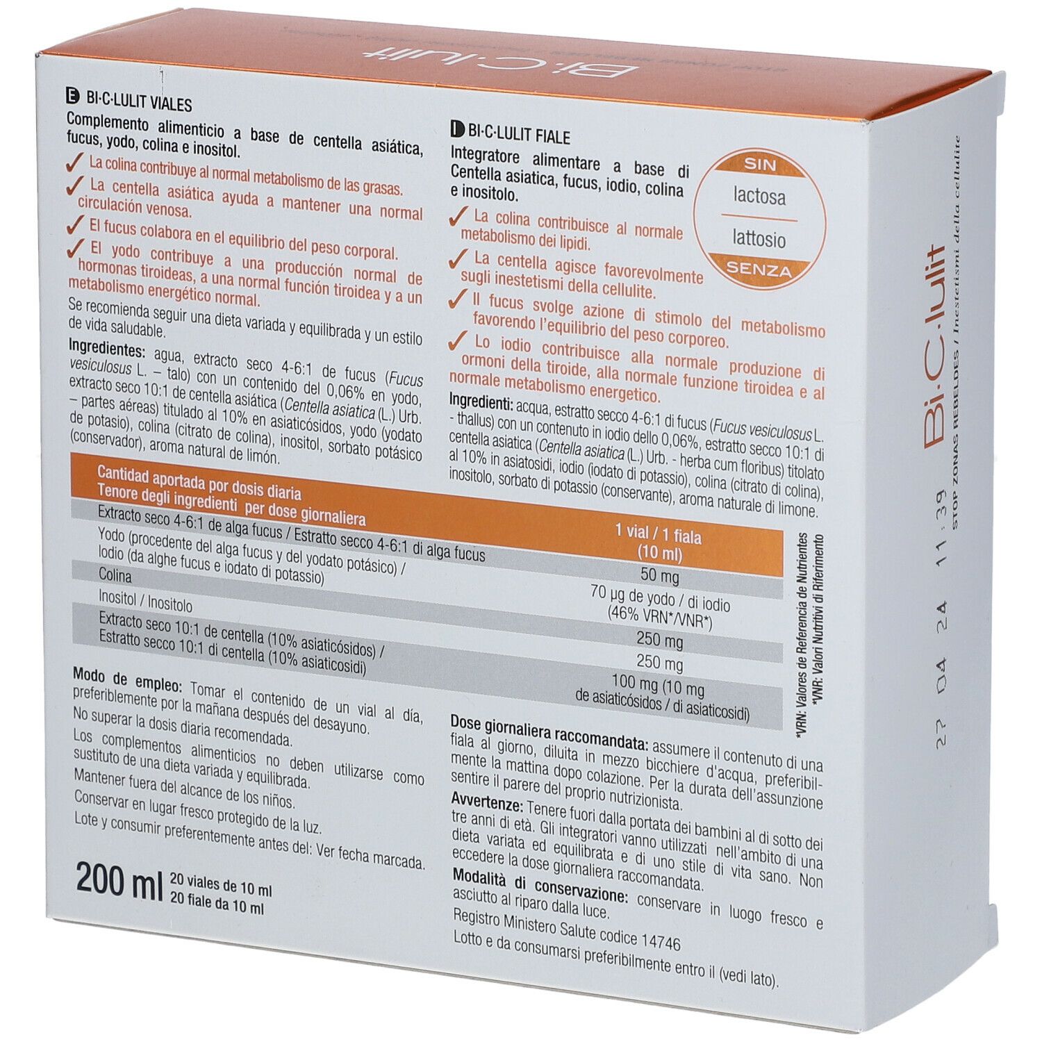 Dos de la boîte avec informations produit. Texte: Bi.C.Lulit Viales. Liste des ingrédients, dosage, mode d'emploi.
