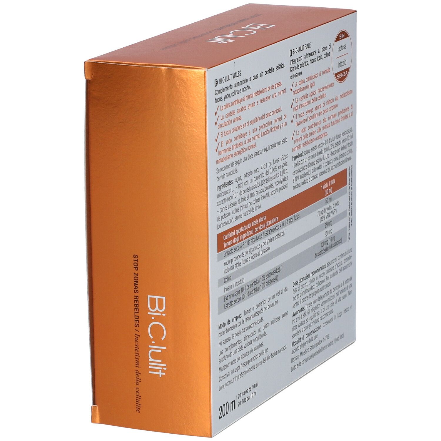 Côté de la boîte avec informations produit. Texte: Bi.C.Lulit. Liste des ingrédients, dosage, mode d'emploi.