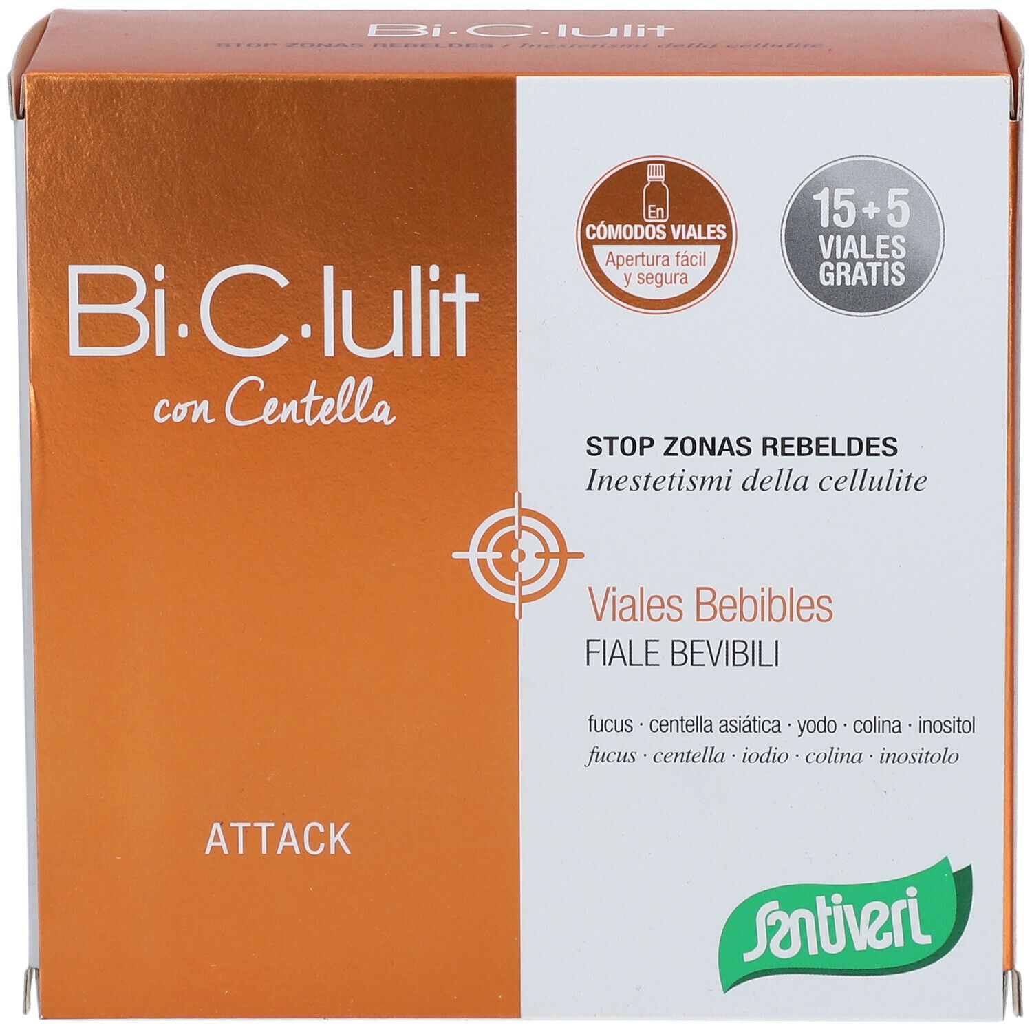 Boîte Bi.C.Lulit con Centella. Texte: Stop Zonas Rebeldes. 15+5 Viales Gratis. Logo Santiveri. Viales Bebibles.