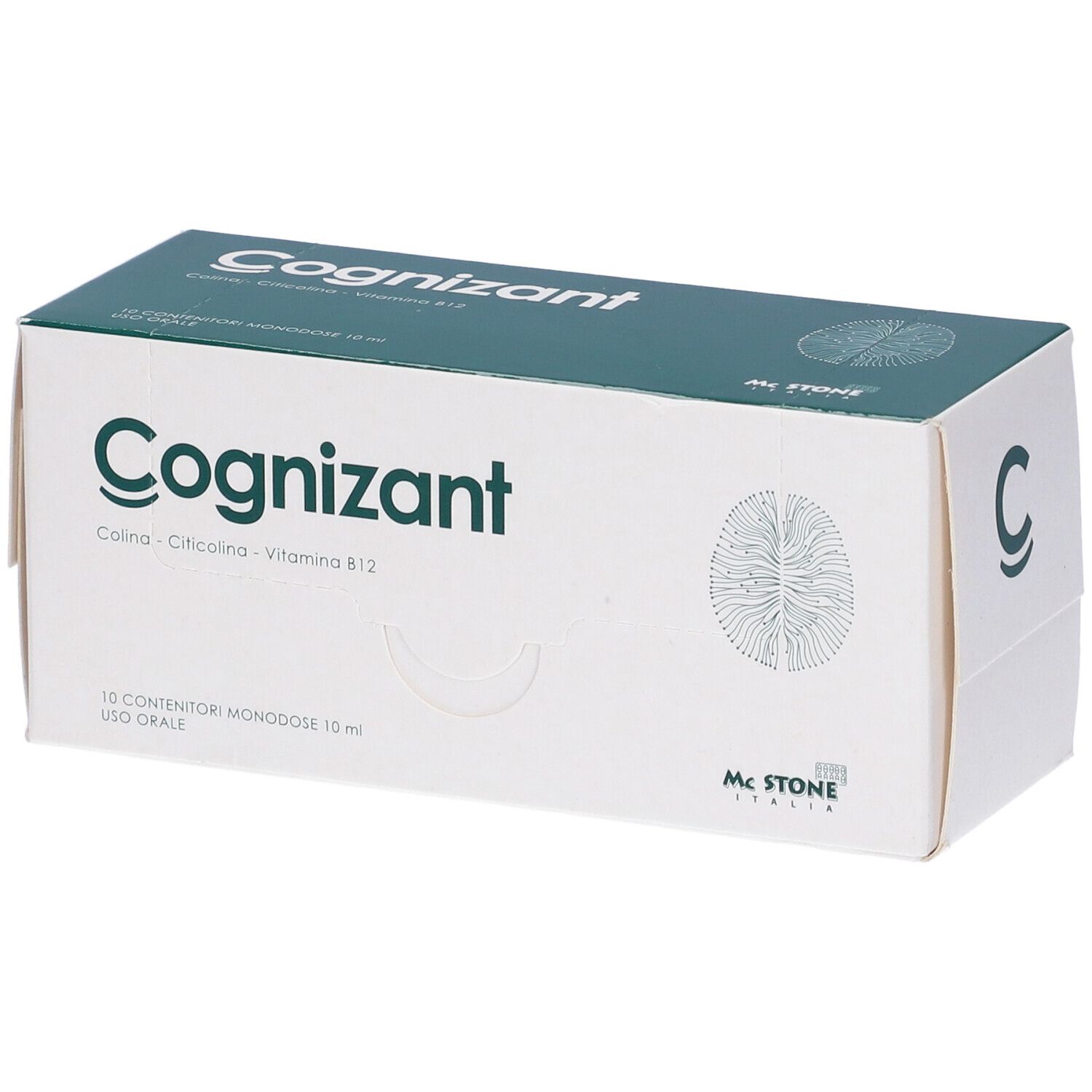 Weißer Karton mit grünem Deckel. Aufschrift "Cognizant". Enthält 10 Einzeldosen. Logo von Mc Stone Italia.