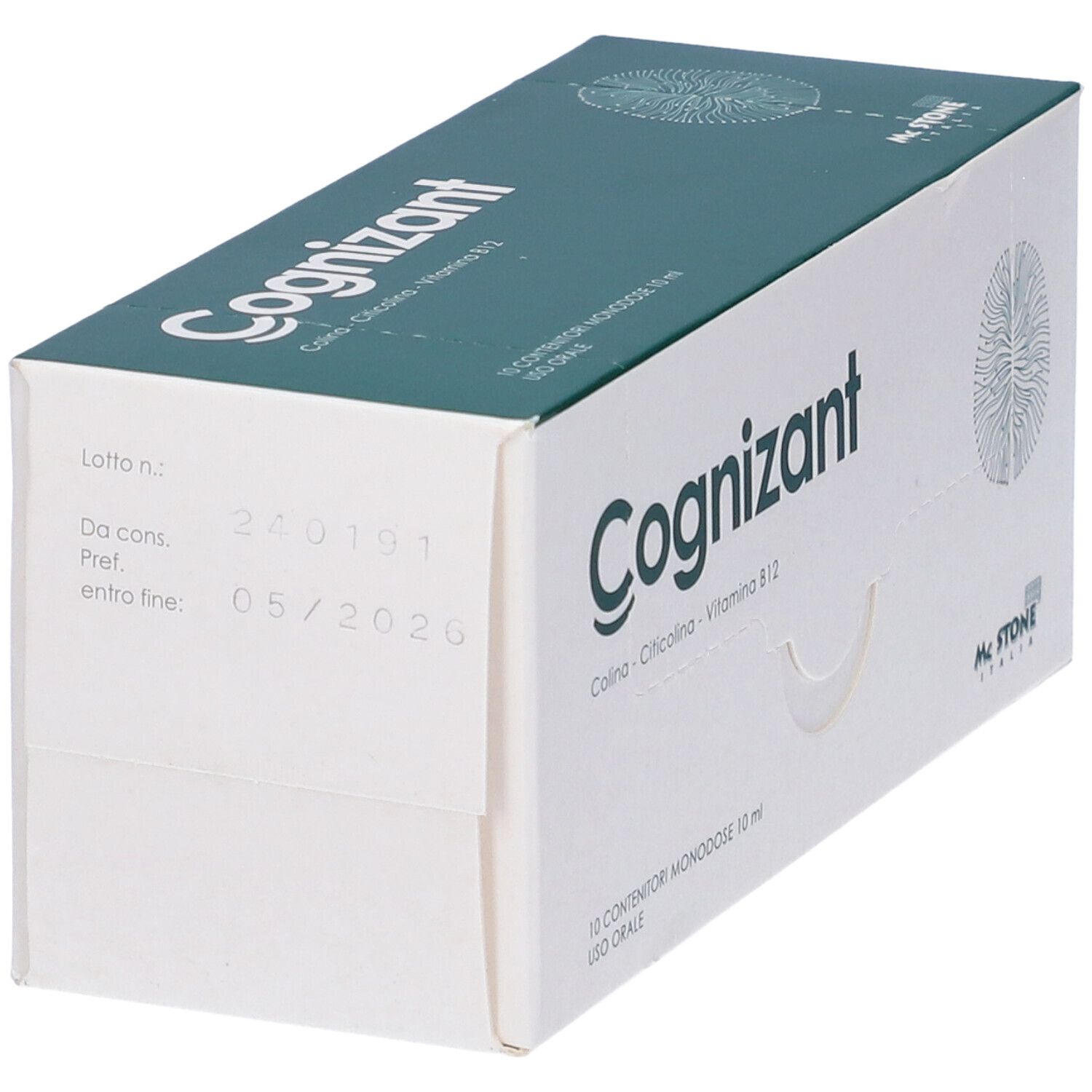 Weißer Karton mit grünem Deckel. Aufschrift "Cognizant". Enthält 10 Einzeldosen. Ablaufdatum 05/2020.