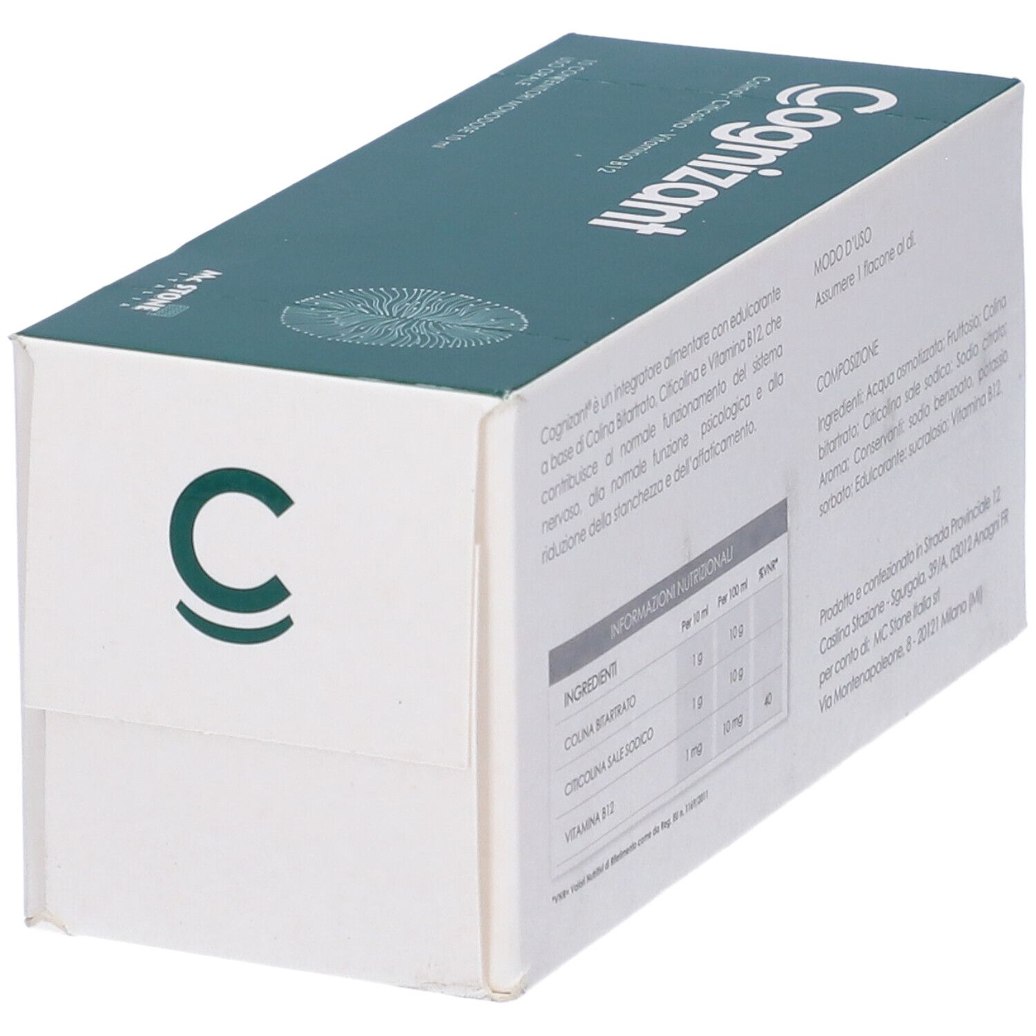 Schrägansicht des weißen Kartons mit grüner Schrift. Enthält Informationen zu Inhaltsstoffen und Anwendung.