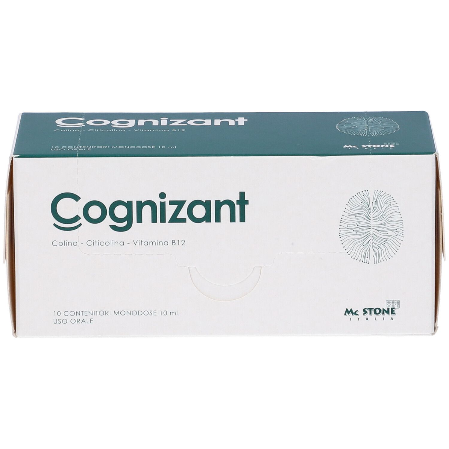 Weißer Karton mit grünem Deckel. Aufschrift "Cognizant". Enthält 10 Einzeldosen. Logo von Mc Stone Italia.