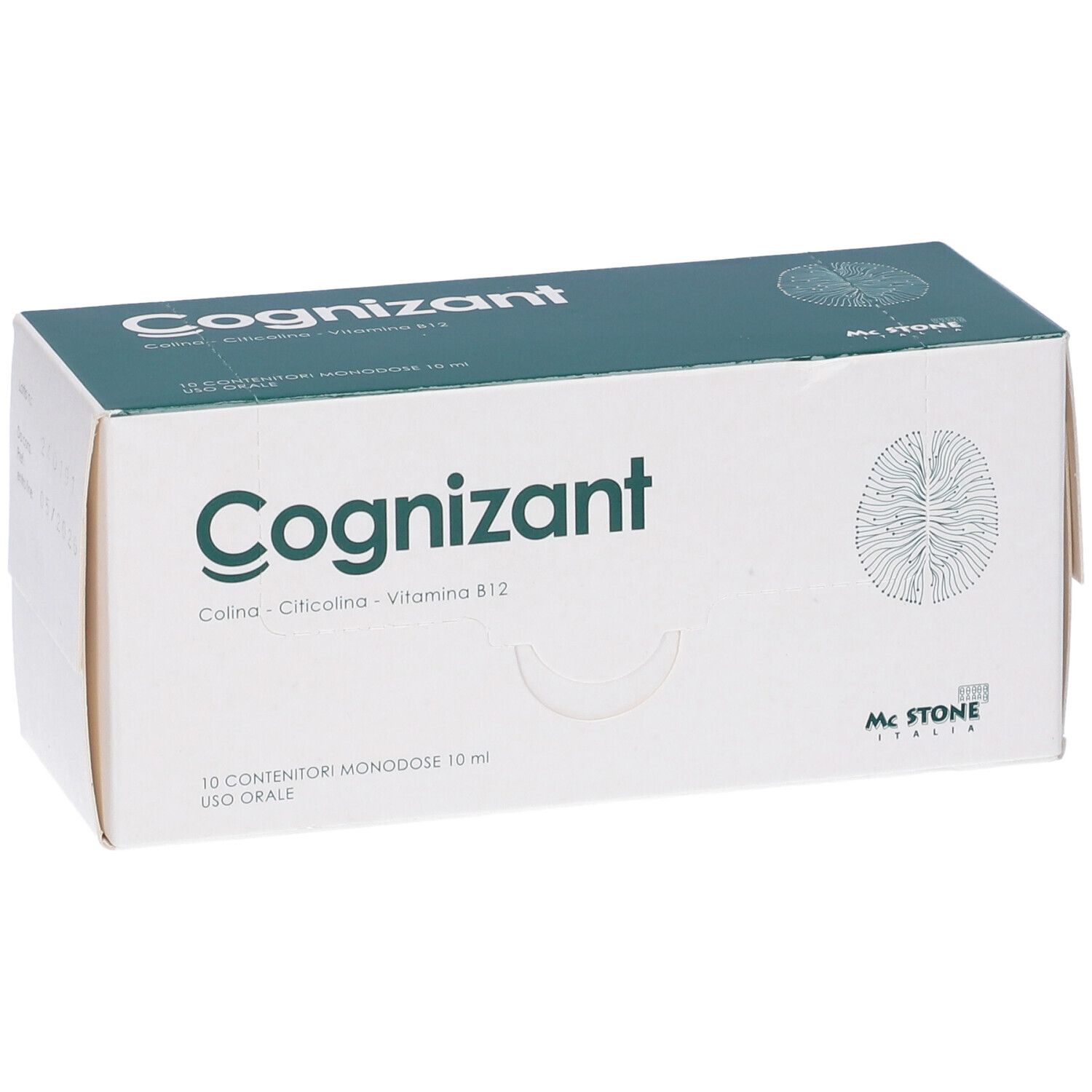 Weißer Karton mit grünem Deckel. Aufschrift "Cognizant". Enthält 10 Einzeldosen. Logo von Mc Stone Italia.