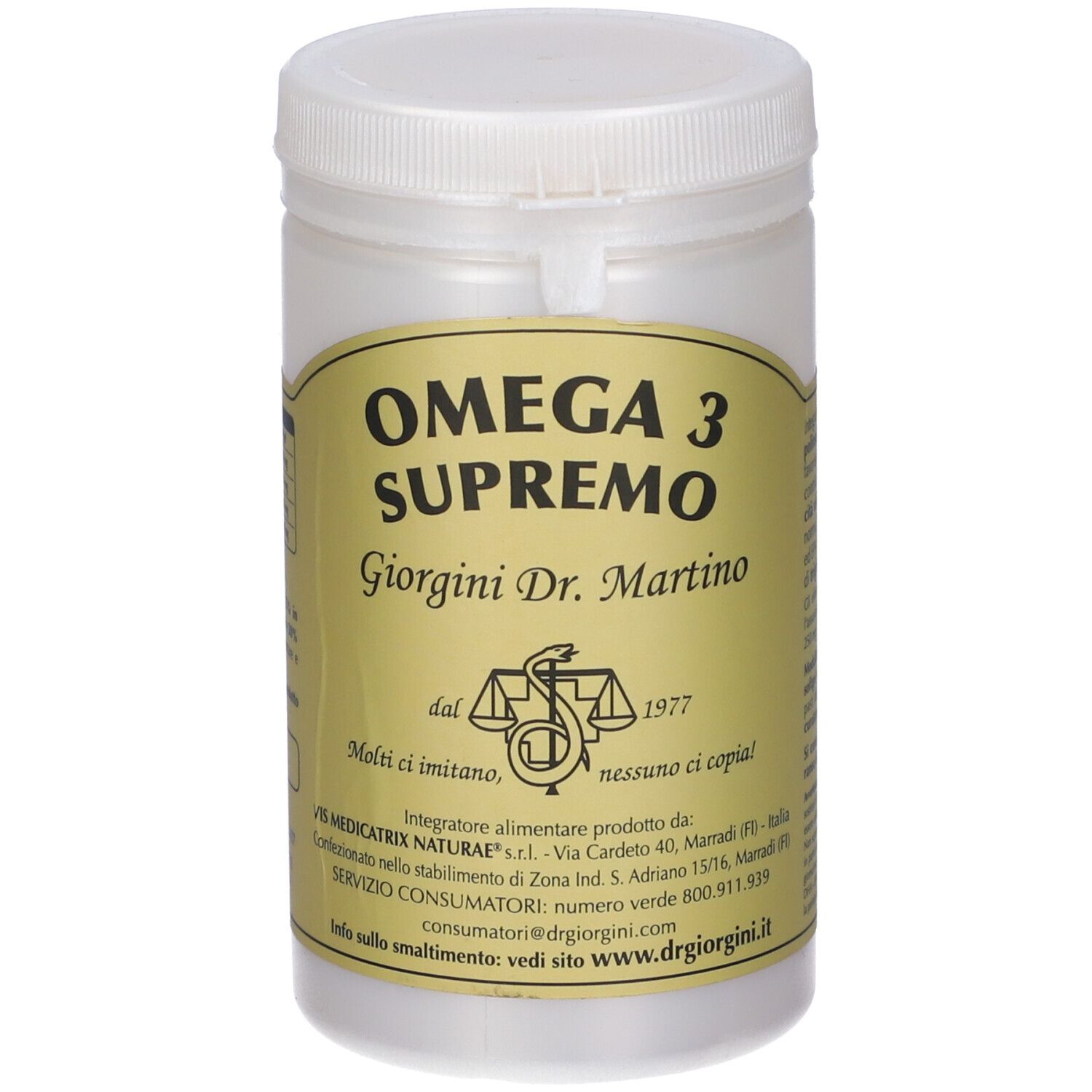 Weißes Kunststoff-Behälter mit gelbem Etikett. Aufschrift: OMEGA 3 SUPREMO, Giorgini Dr. Martino. Siegel und Text.