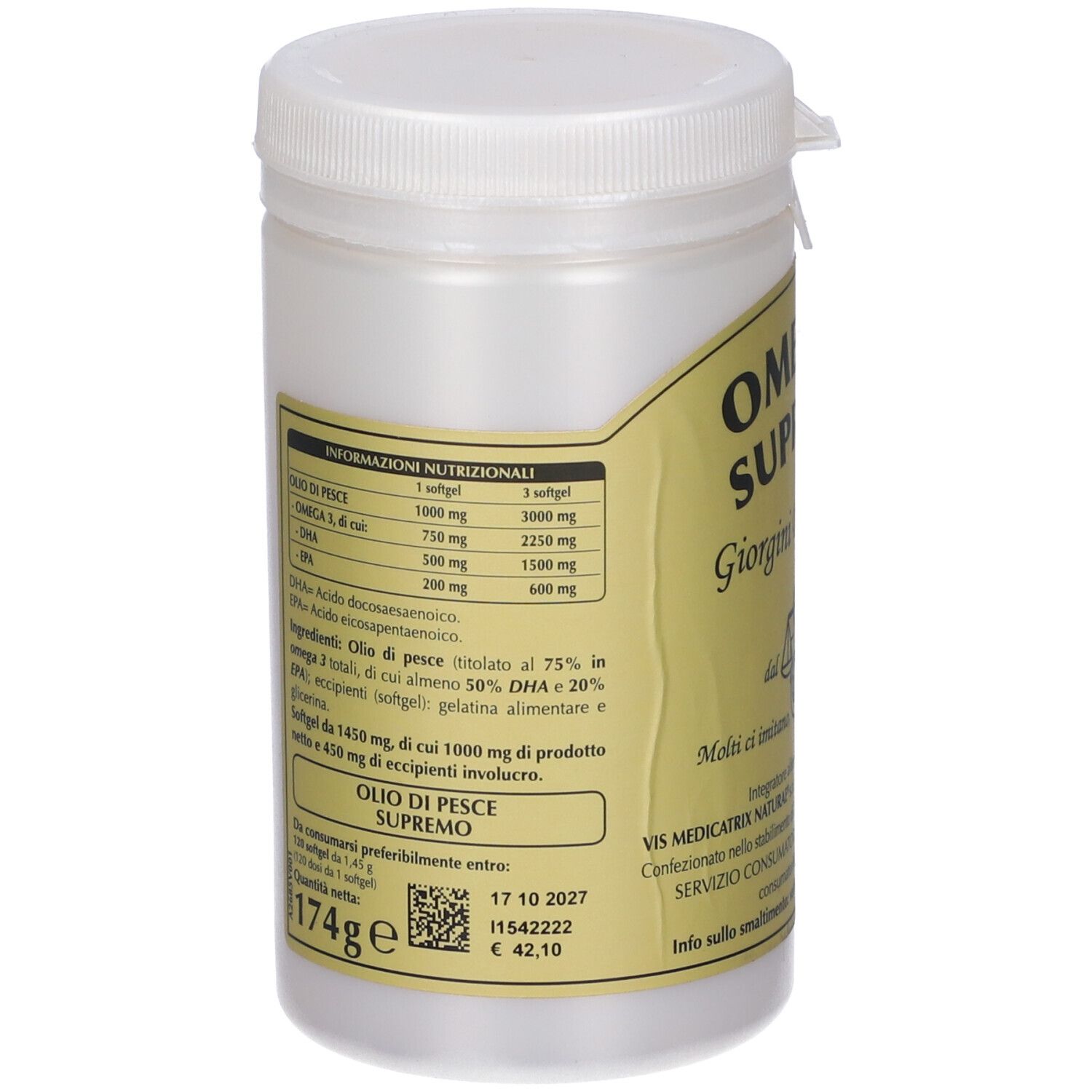 Weißer Kunststoff-Behälter mit gelbem Etikett. Nährwertangaben und Text. Aufschrift: OMEGA 3 SUPREMO. MHD: 17 10 2027.