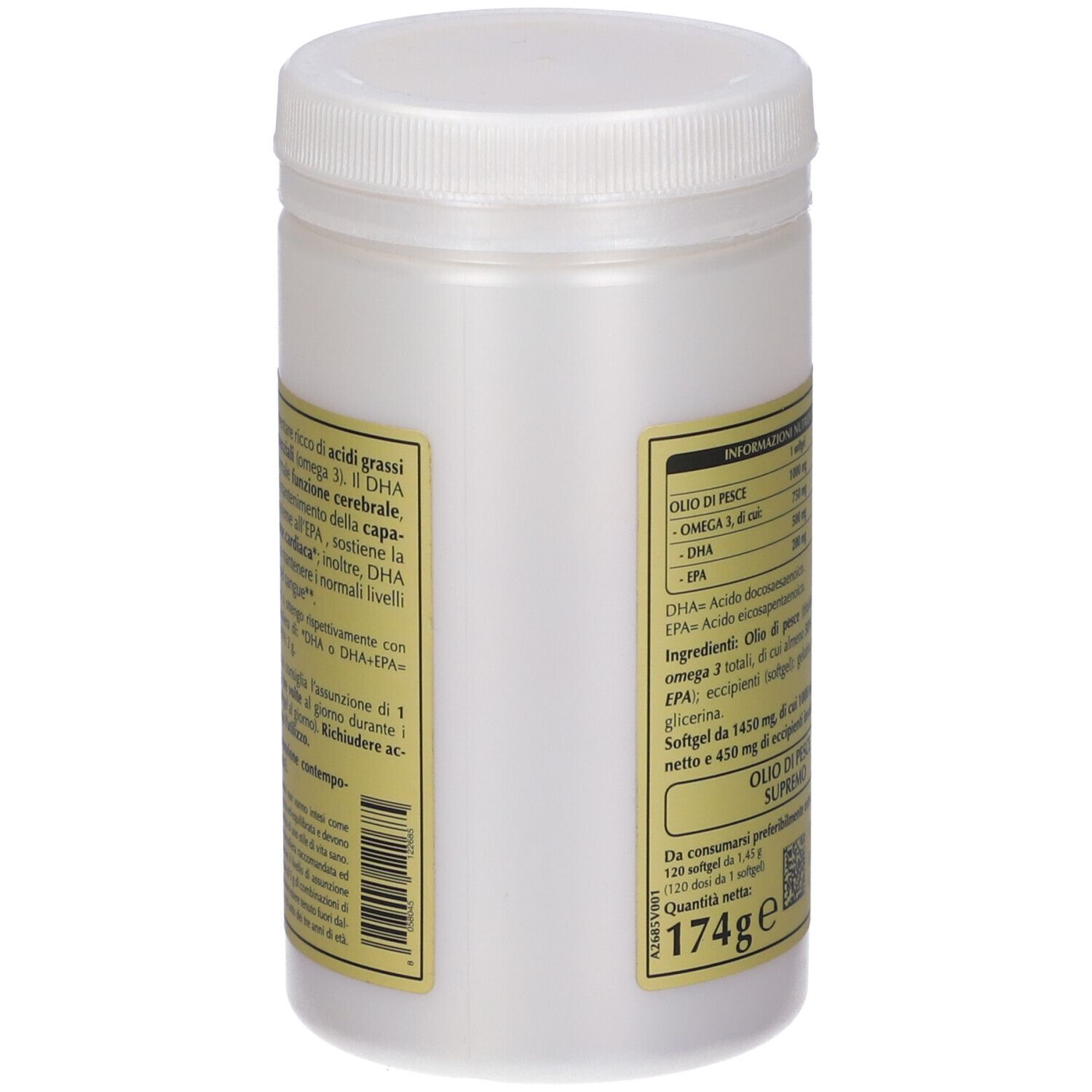 Weißer Kunststoff-Behälter mit gelbem Etikett. Text und Nährwertangaben. Aufschrift: OMEGA 3 SUPREMO. Gewicht: 174g.