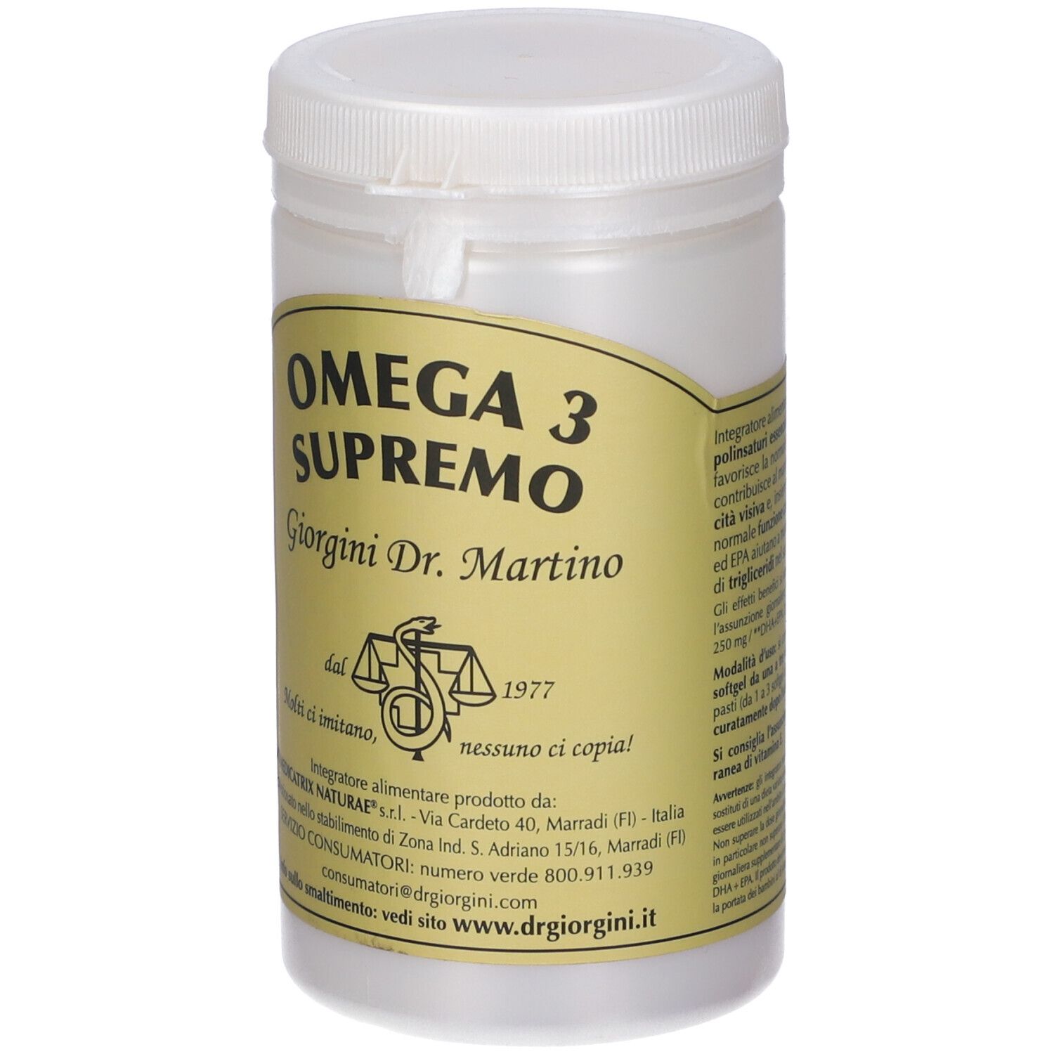 Weißer Kunststoff-Behälter mit gelbem Etikett. Aufschrift: OMEGA 3 SUPREMO, Giorgini Dr. Martino. Text und Siegel.