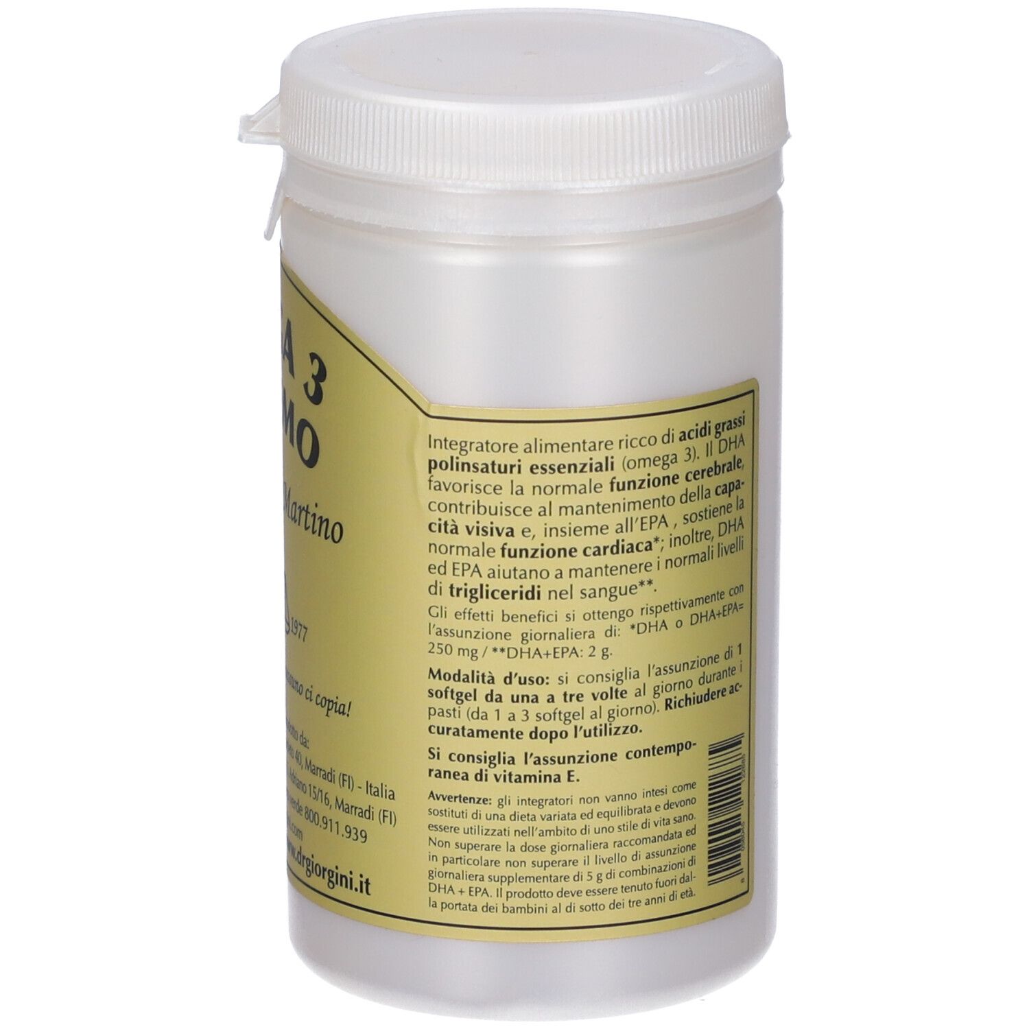 Weißer Kunststoff-Behälter mit gelbem Etikett. Text und Informationen. Aufschrift: OMEGA 3 SUPREMO, Giorgini Dr. Martino.