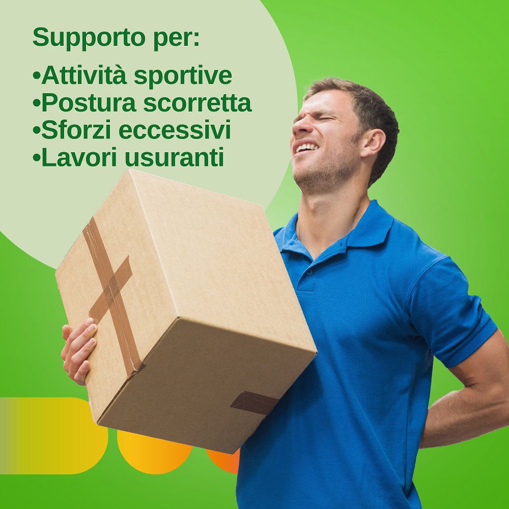 Mann hält Karton. Text: Unterstützung für: Sport, falsche Haltung, übermäßige Anstrengung, anstrengende Arbeit.