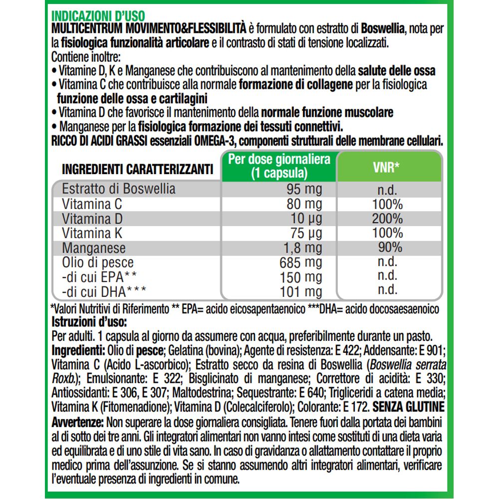 Text mit Inhaltsstoffen und Nährwertangaben. Enthält Boswellia-Extrakt, Vitamine und Mineralien.