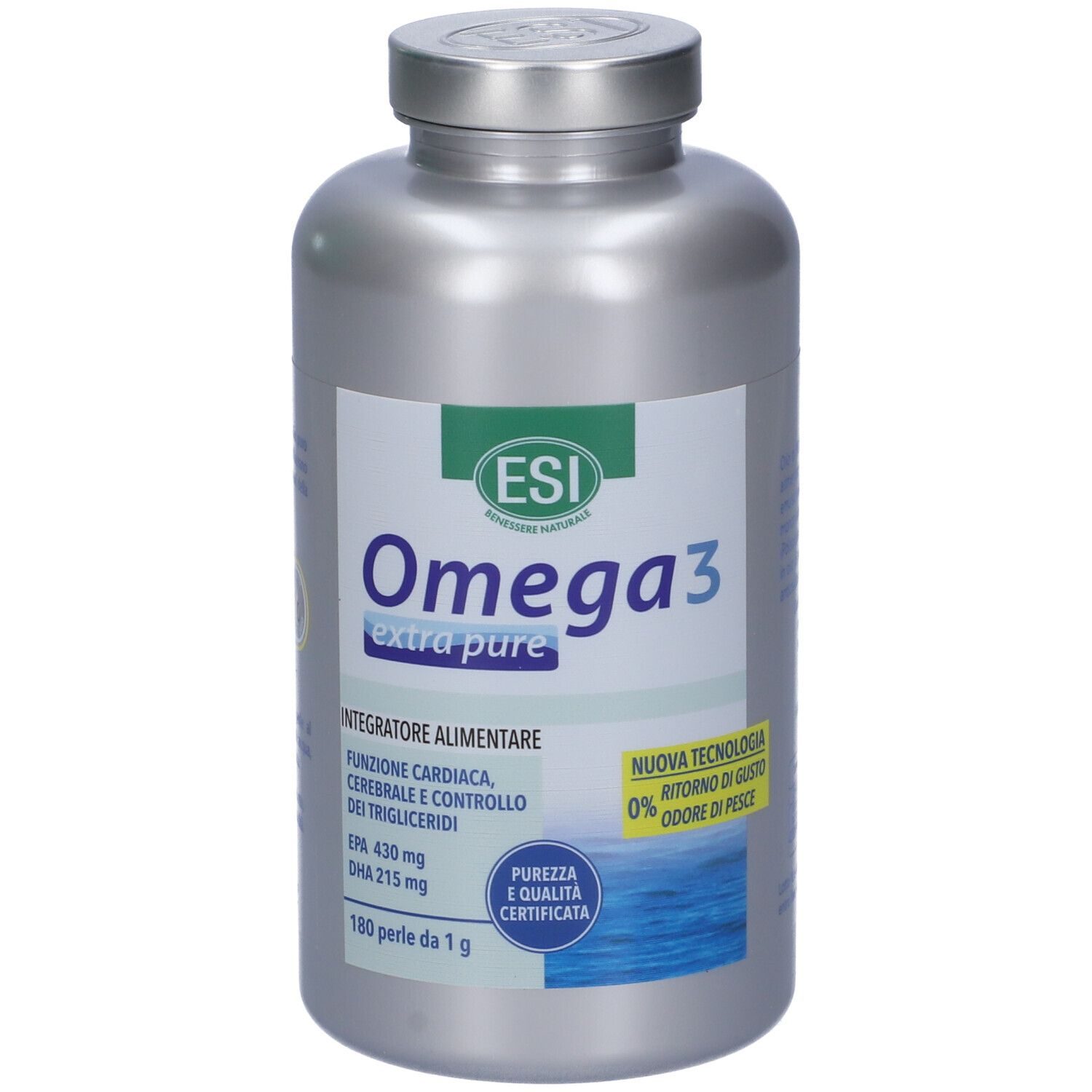 Flacon argenté avec étiquette Omega 3. Contient 180 perles. Certifications et textes en italien.