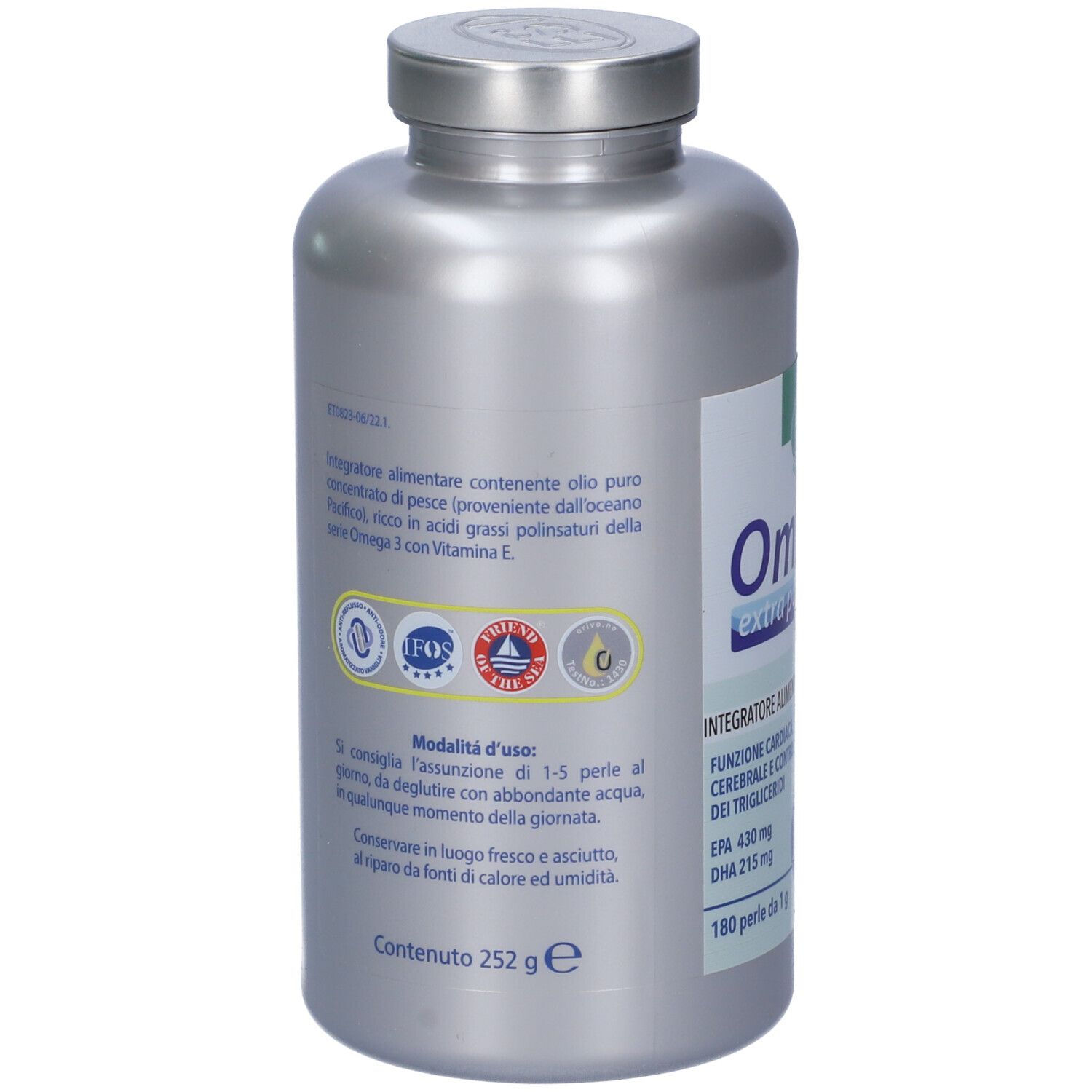 Dos du flacon argenté Omega 3. Contient des informations sur les ingrédients, l'utilisation et les certifications.