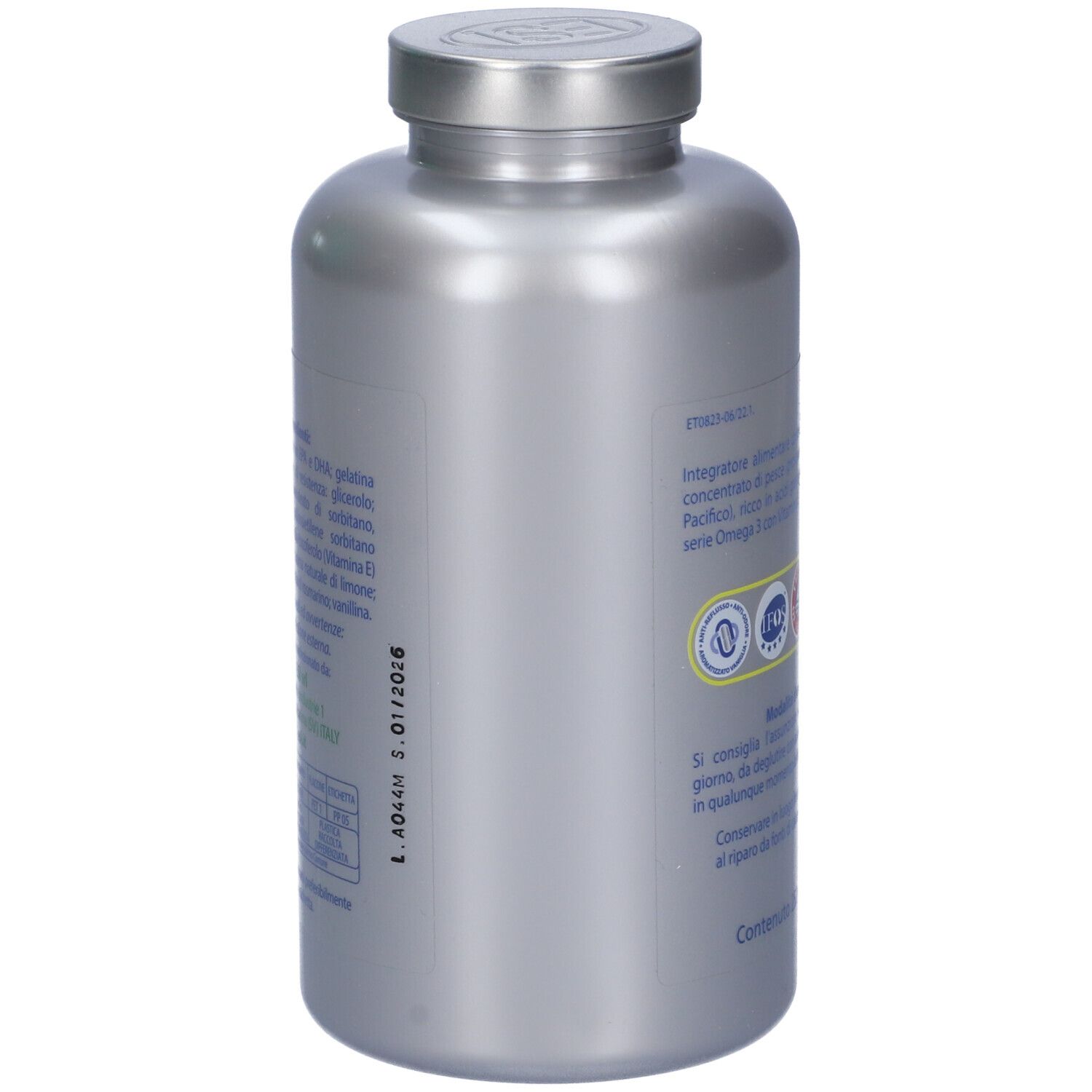 Vue latérale du flacon argenté Omega 3. Affiche des informations et des certifications en italien.
