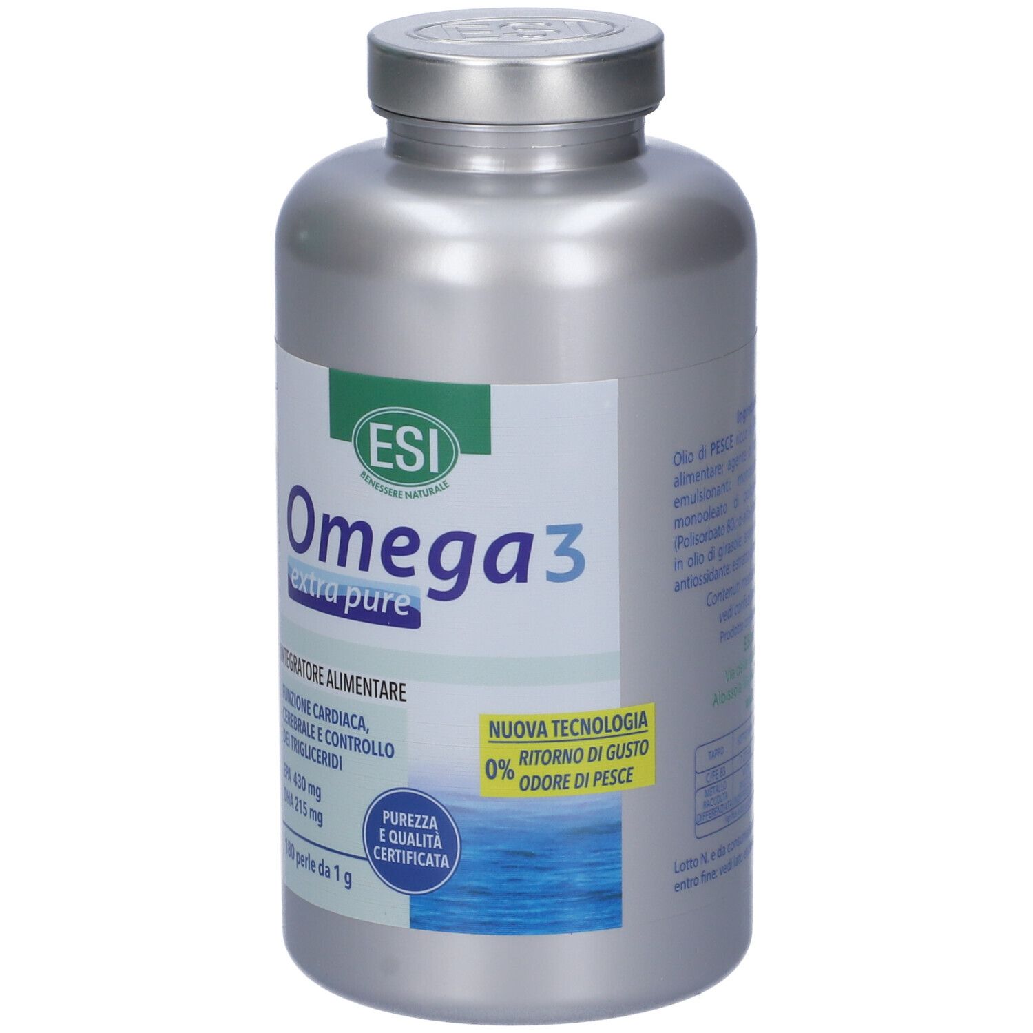 Flacon argenté avec étiquette Omega 3. Contient 180 perles. Certifications et textes en italien.