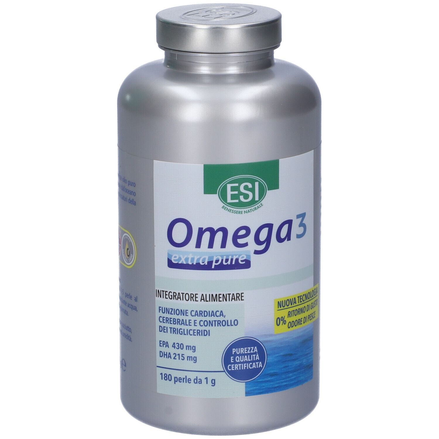Flacon argenté avec étiquette Omega 3. Contient 180 perles. Certifications et textes en italien.