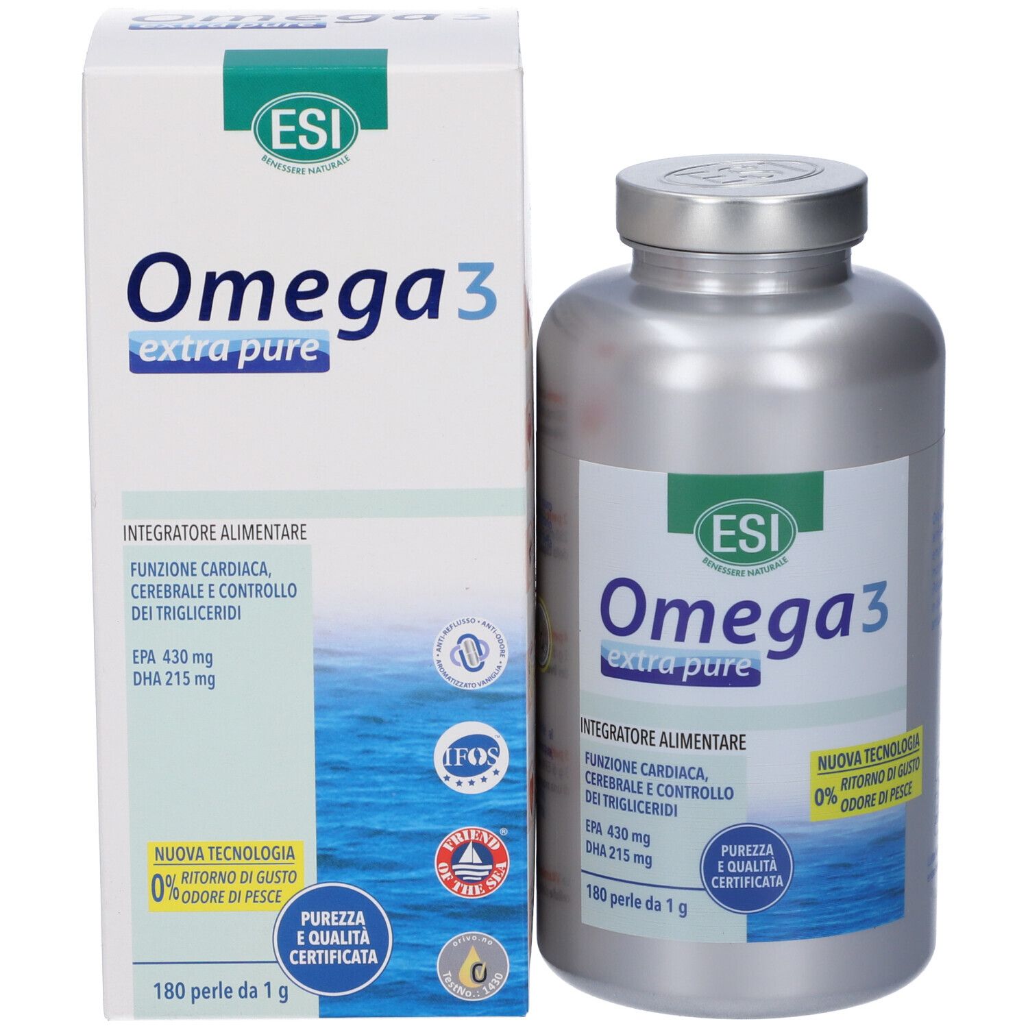 Produit Omega 3 avec flacon et emballage. Contient 180 perles. Certifications et textes en italien.