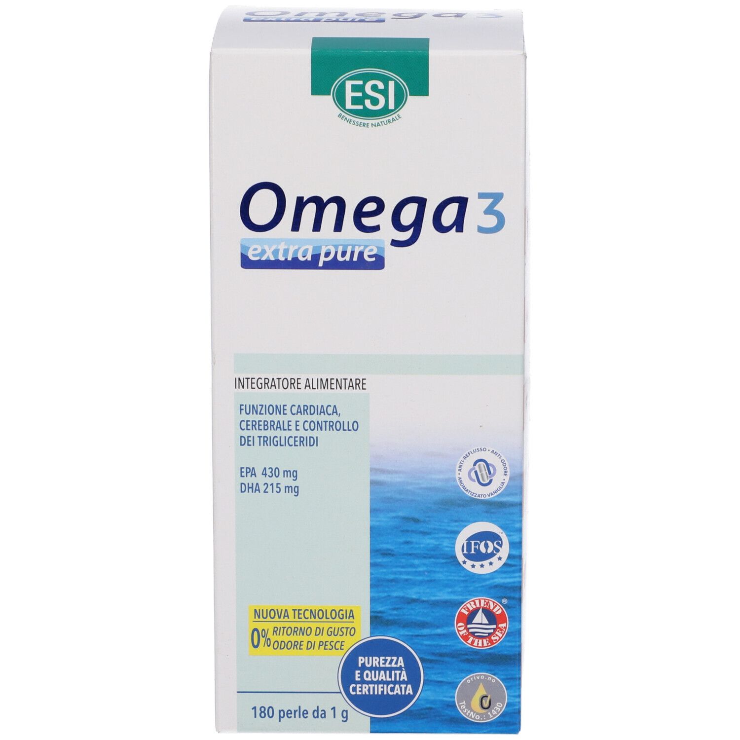 Emballage du produit Omega 3. Affiche des informations et des certifications en italien.