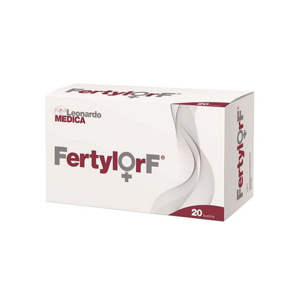 Weiße Schachtel mit "FertylOrF"-Logo und "20 Bustine"-Angabe. Marke Leonardo Medica.