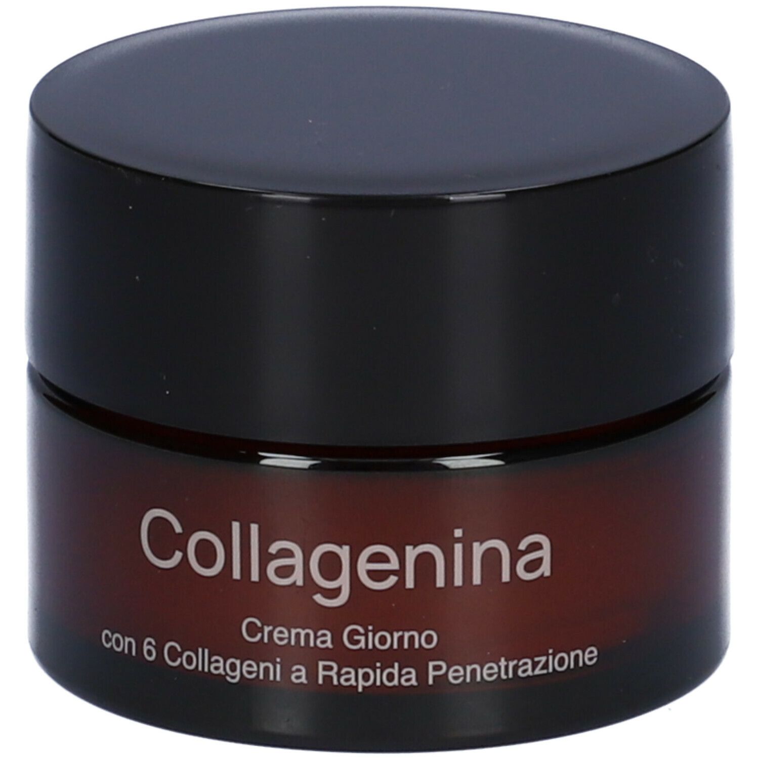 Braune Creme-Dose mit schwarzem Deckel. Aufschrift: Collagenina, Crema Giorno con 6 Collageni a Rapida Penetrazione.