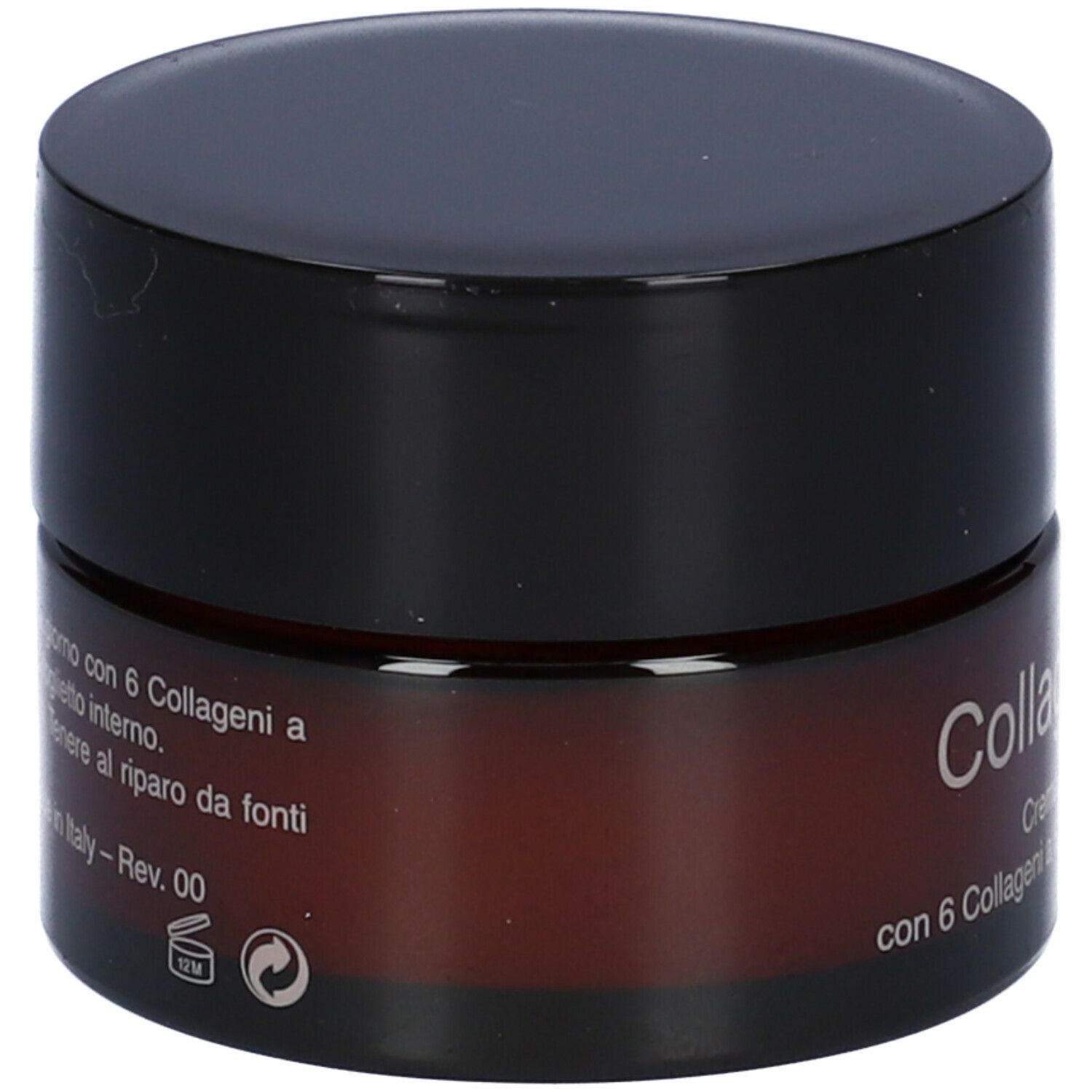 Braune Creme-Dose mit schwarzem Deckel. Aufschrift: Collagenina, Crema Giorno con 6 Collageni a Rapida Penetrazione.