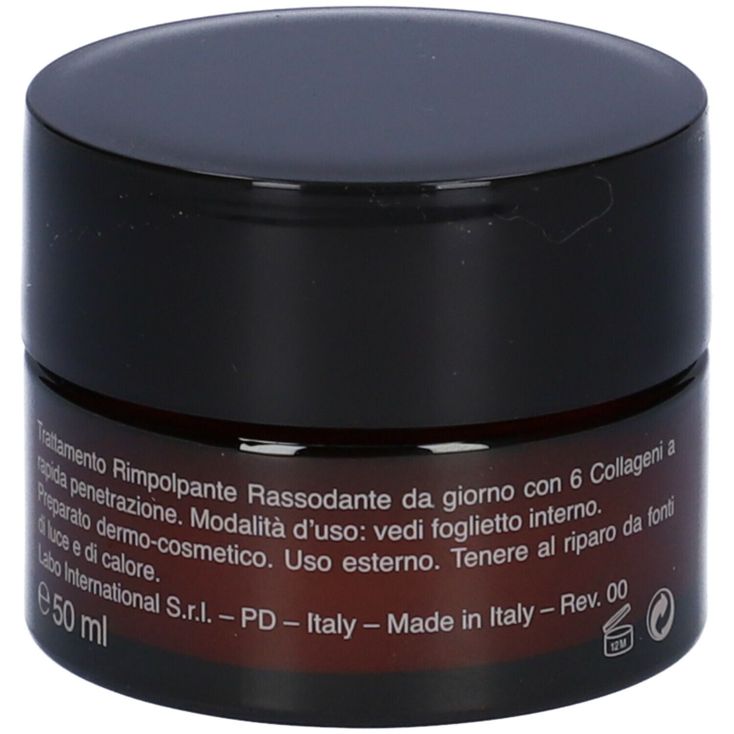 Braune Creme-Dose mit schwarzem Deckel. Aufschrift: Collagenina, Crema Giorno con 6 Collageni a Rapida Penetrazione.