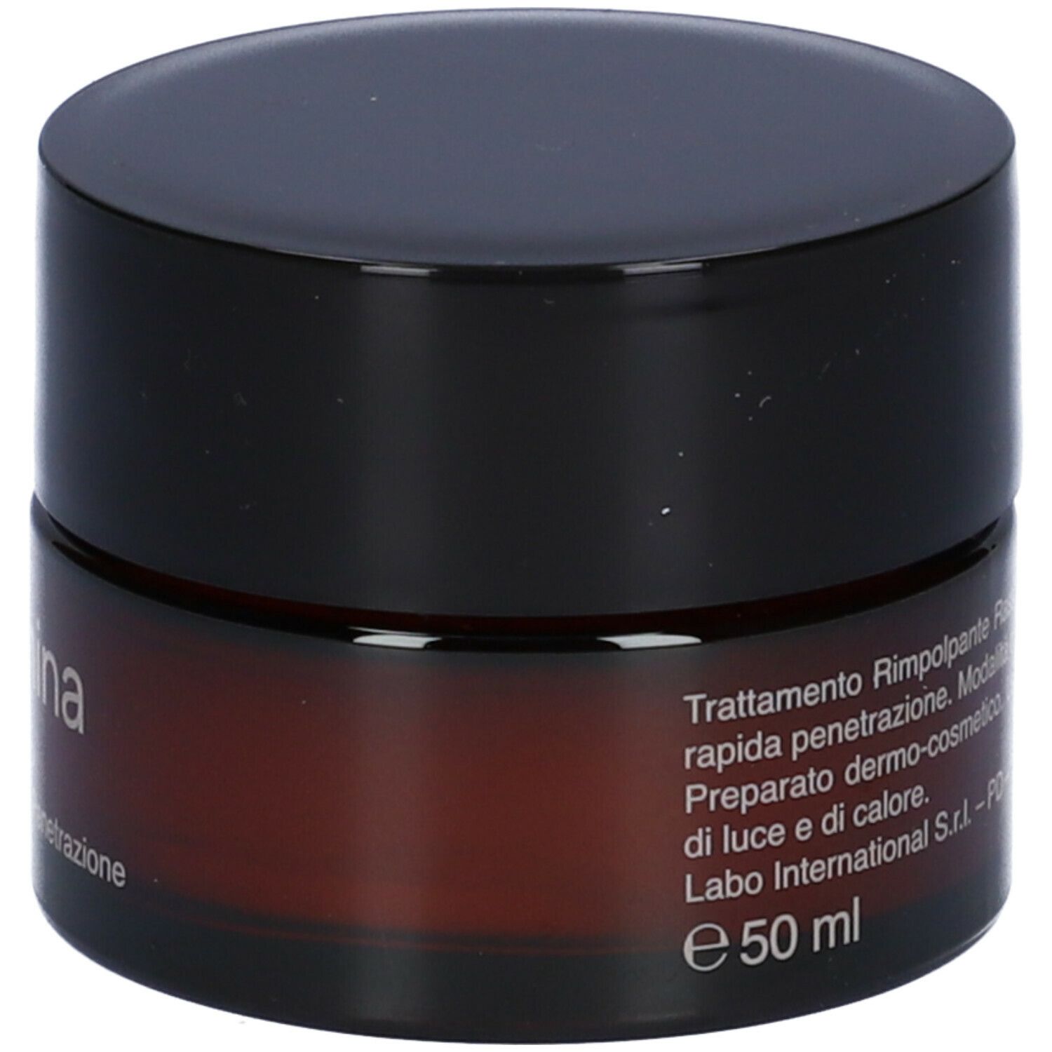 Braune Creme-Dose mit schwarzem Deckel. Aufschrift: Collagenina, Crema Giorno con 6 Collageni a Rapida Penetrazione.