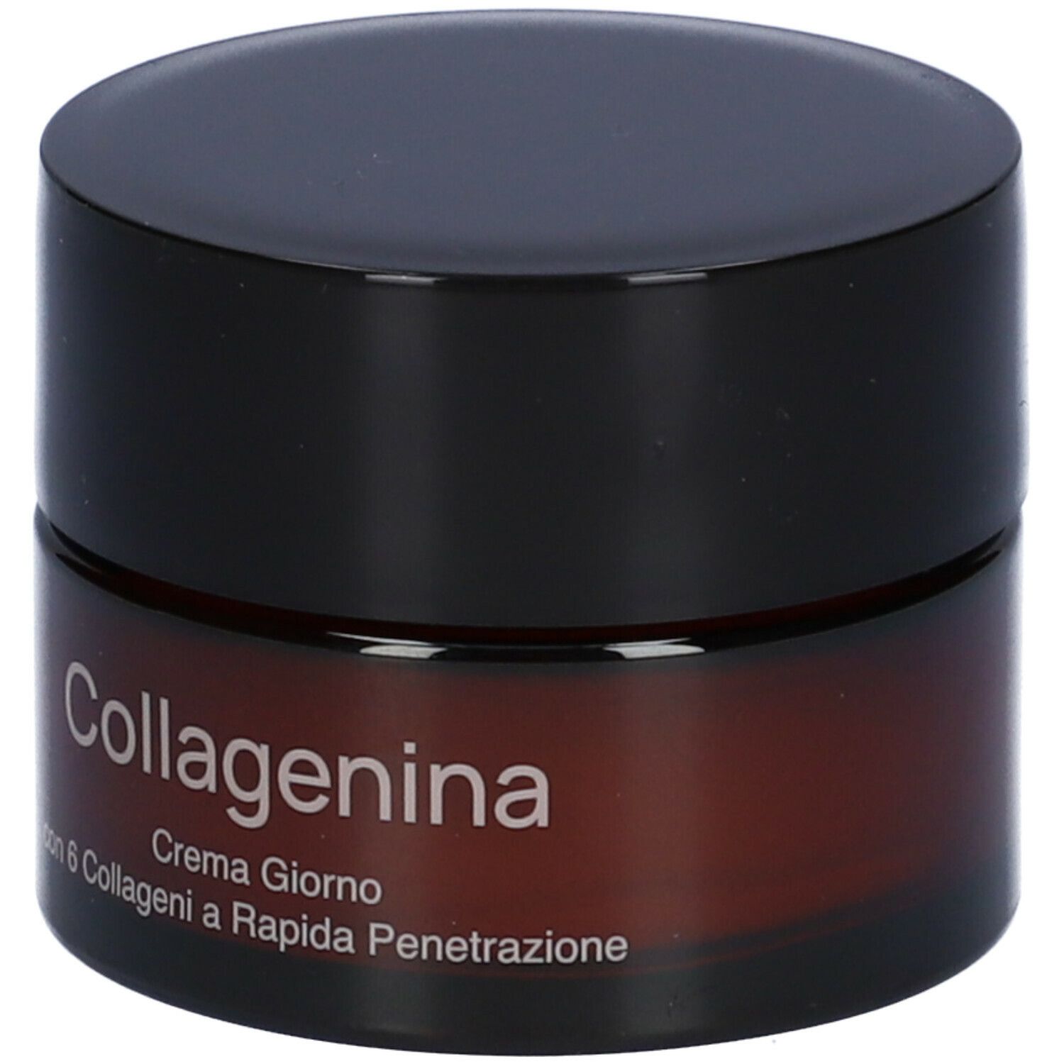 Braune Creme-Dose mit schwarzem Deckel. Aufschrift: Collagenina, Crema Giorno con 6 Collageni a Rapida Penetrazione.