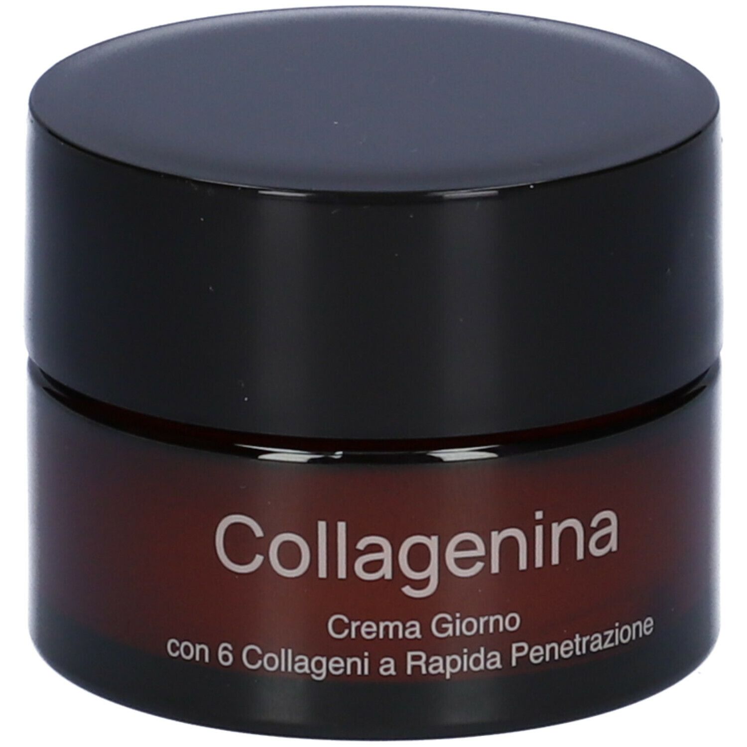 Braune Creme-Dose mit schwarzem Deckel. Aufschrift: Collagenina, Crema Giorno con 6 Collageni a Rapida Penetrazione.