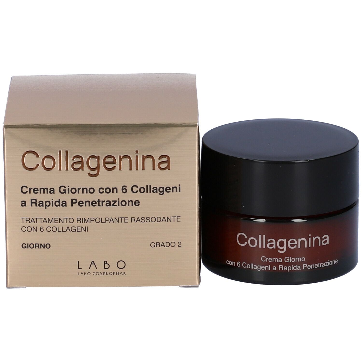 Creme-Dose und Verpackung. Aufschrift: Collagenina, Crema Giorno con 6 Collageni a Rapida Penetrazione. Labo.