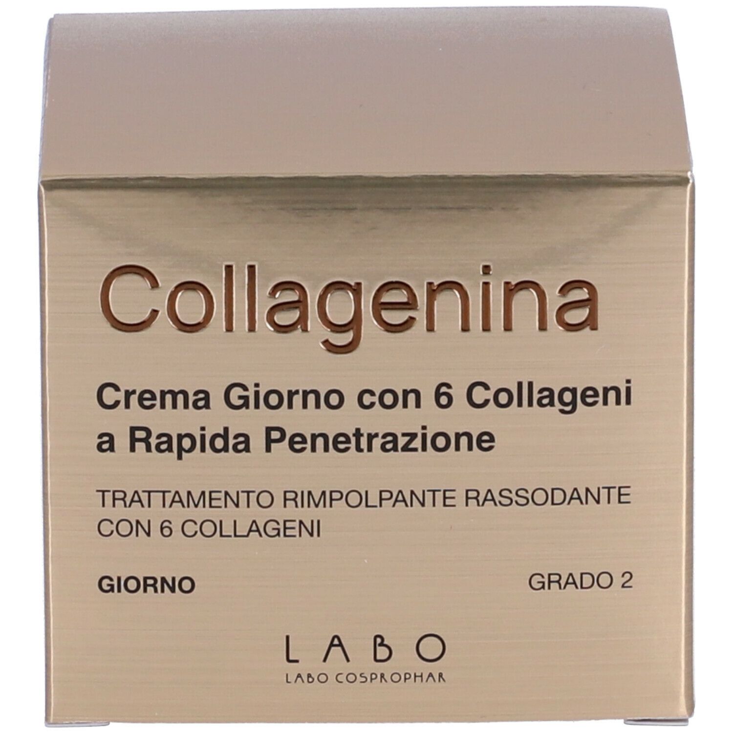 Verpackung mit Aufschrift: Collagenina, Crema Giorno con 6 Collageni a Rapida Penetrazione. Labo.