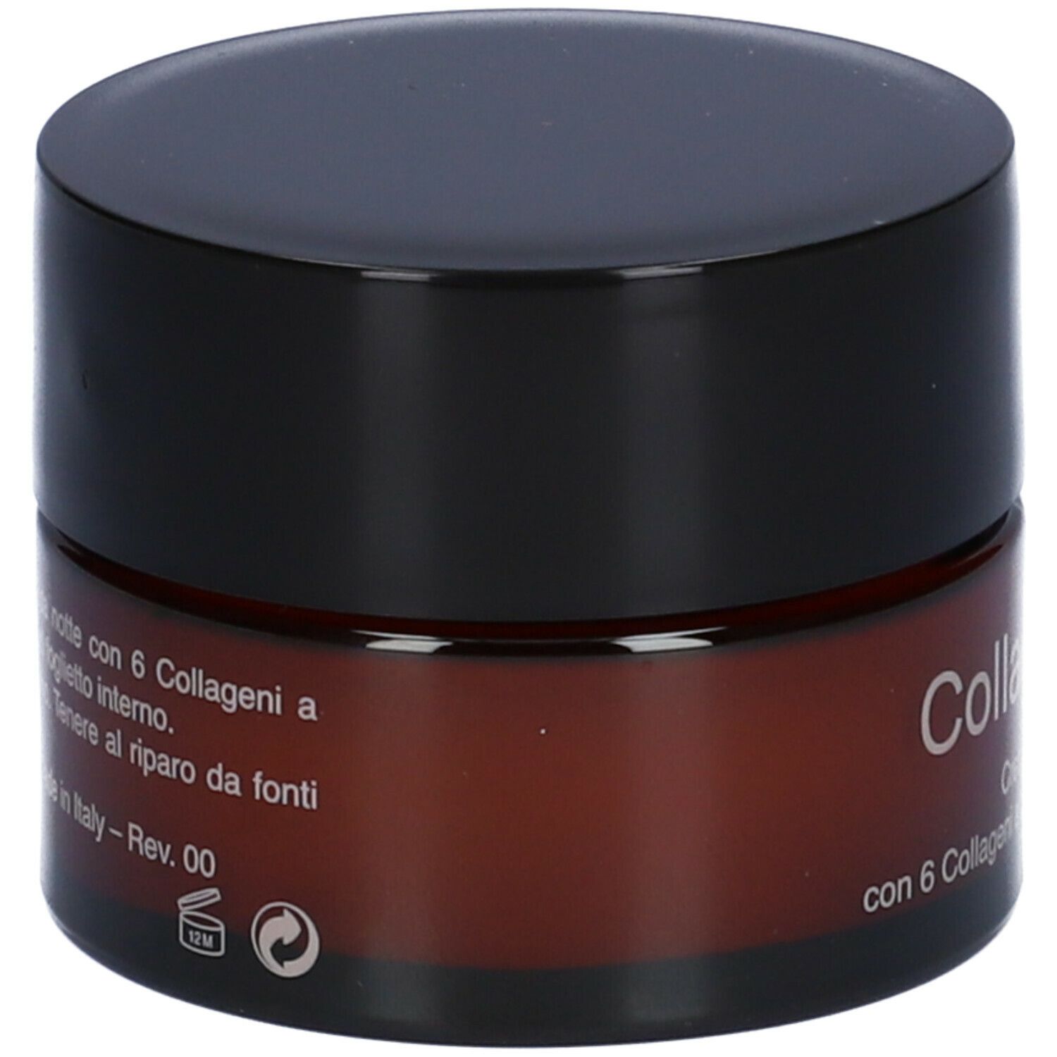 Braune Creme-Dose mit schwarzem Deckel. Aufschrift und Text auf Italienisch. 12M-Symbol.