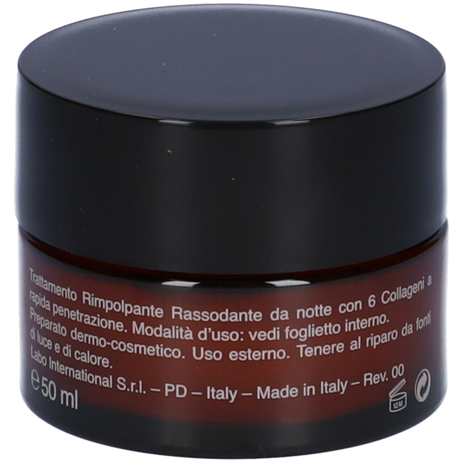 Braune Creme-Dose mit schwarzem Deckel. Text auf Italienisch. Aufschrift: e 50 ml. Labo International S.r.l.