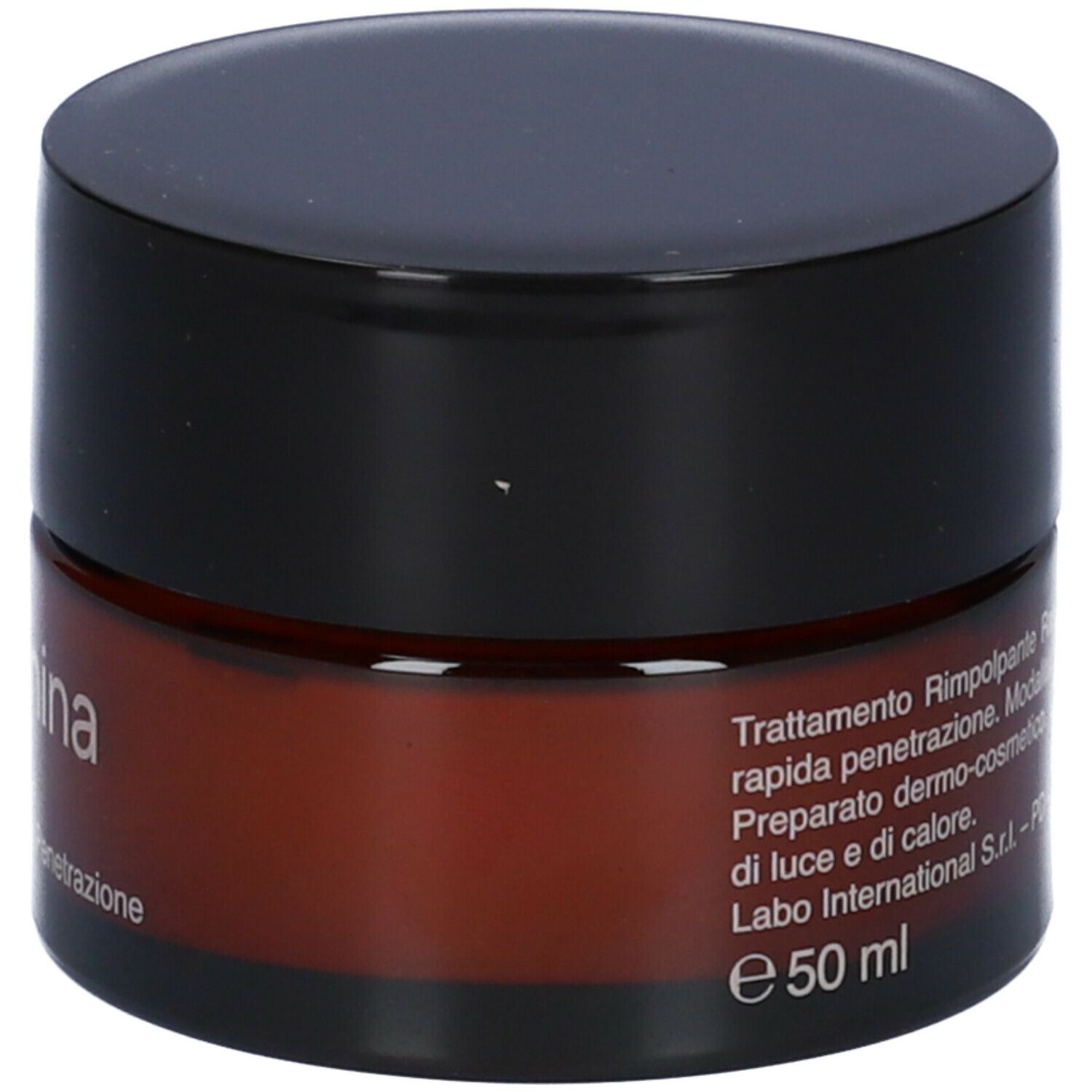 Braune Creme-Dose mit schwarzem Deckel. Text auf Italienisch. Aufschrift: e 50 ml.