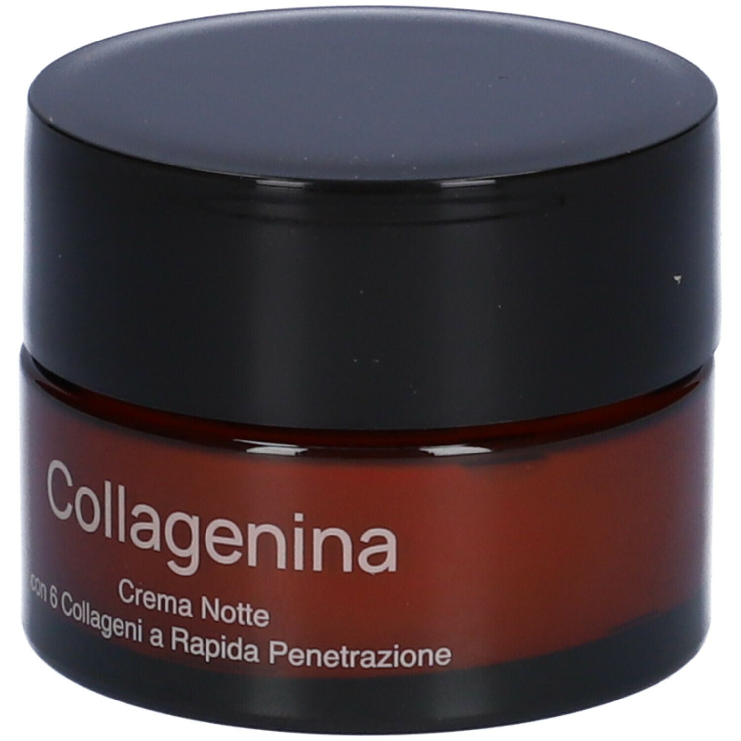 Braune Creme-Dose mit schwarzem Deckel. Aufschrift: Collagenina, Crema Notte, mit 6 Collageni a Rapida Penetrazione.