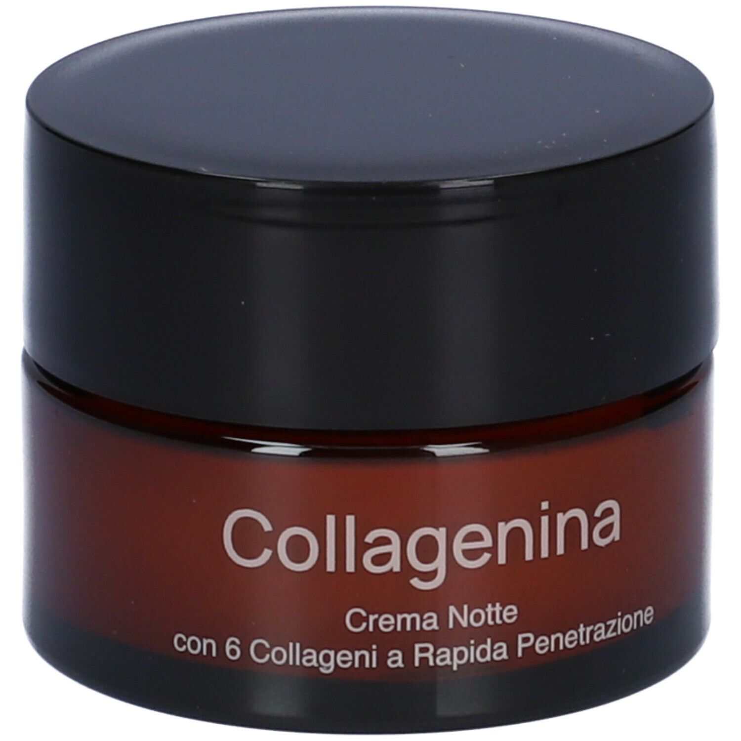 Braune Creme-Dose mit schwarzem Deckel. Aufschrift: Collagenina, Crema Notte, mit 6 Collageni a Rapida Penetrazione.
