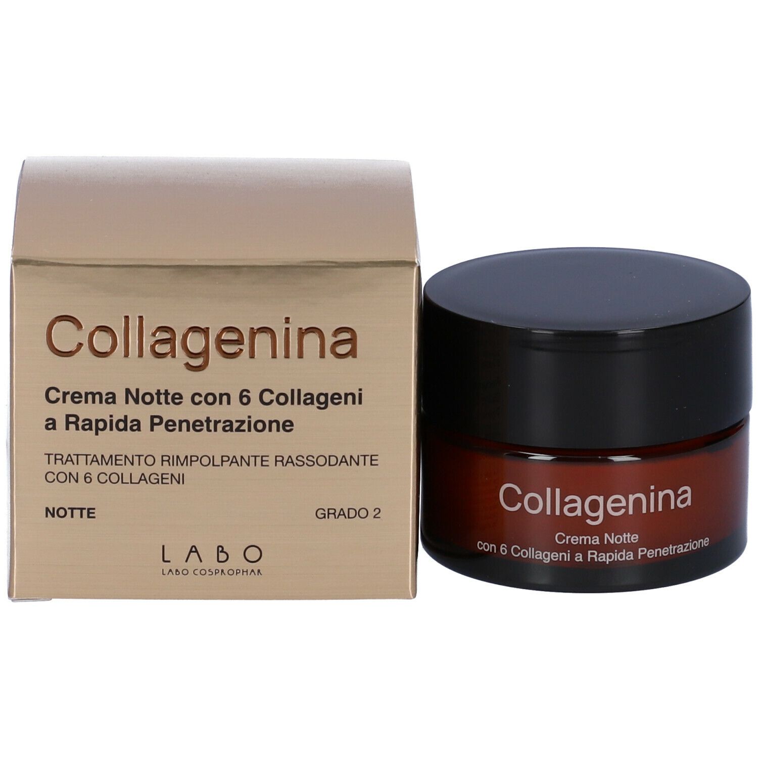 Creme-Dose und Verpackung. Aufschrift: Collagenina, Crema Notte con 6 Collageni a Rapida Penetrazione. Grado 2.