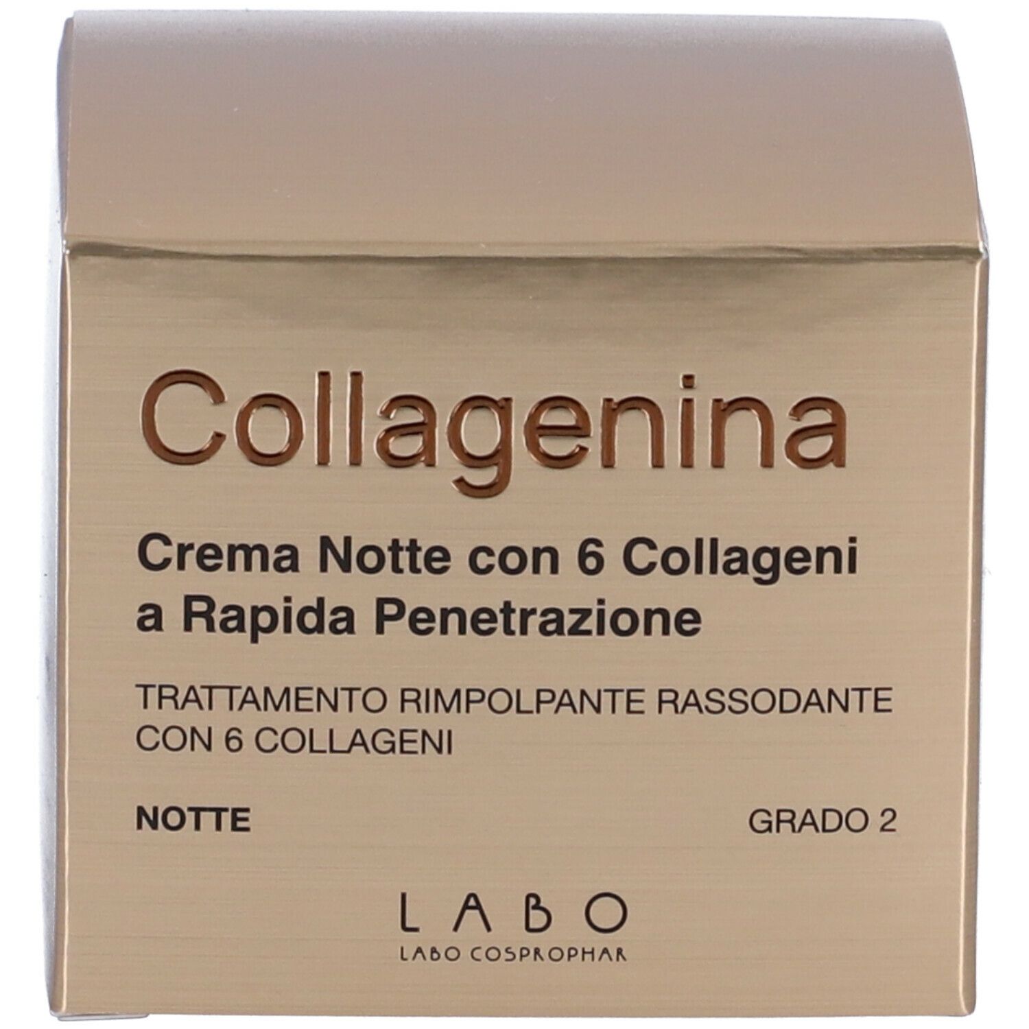 Verpackung. Aufschrift: Collagenina, Crema Notte con 6 Collageni a Rapida Penetrazione. Grado 2. Labo.