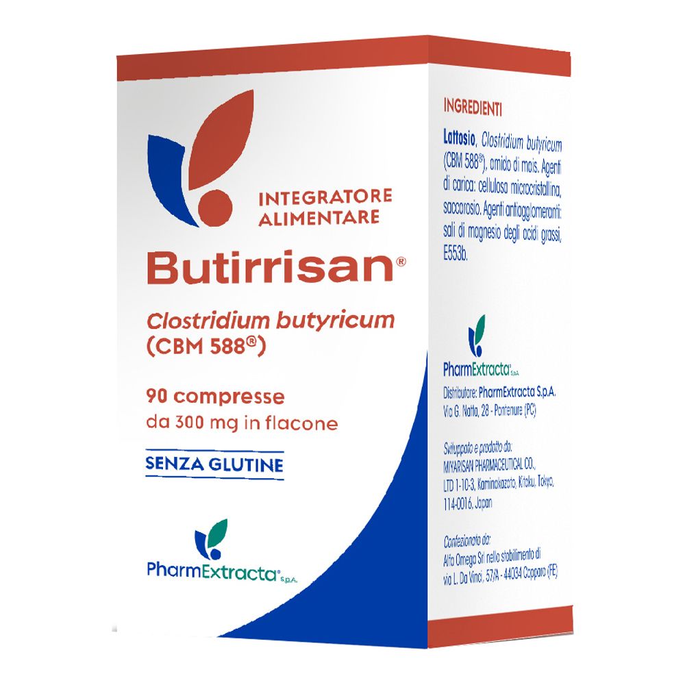 Butirissan Compresse-Packung. Enthält 90 Tabletten. Glutenfrei. Mit Inhaltsangaben.