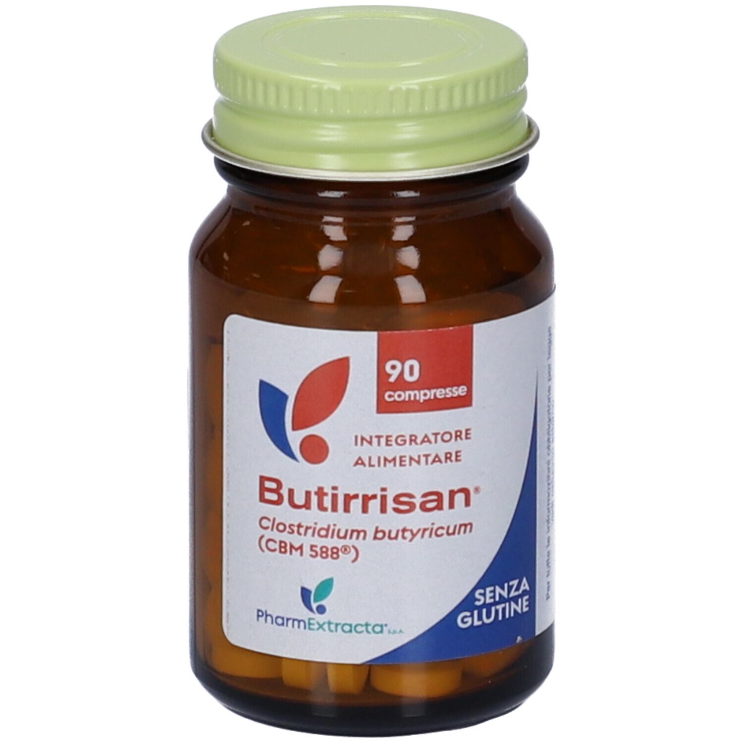 Braune Glasflasche mit Butirissan Compresse. 90 Tabletten. Grüner Deckel. Glutenfrei.