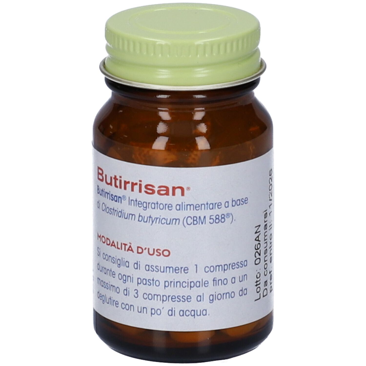 Braune Glasflasche Butirissan Compresse. Gebrauchsanweisung auf Etikett.