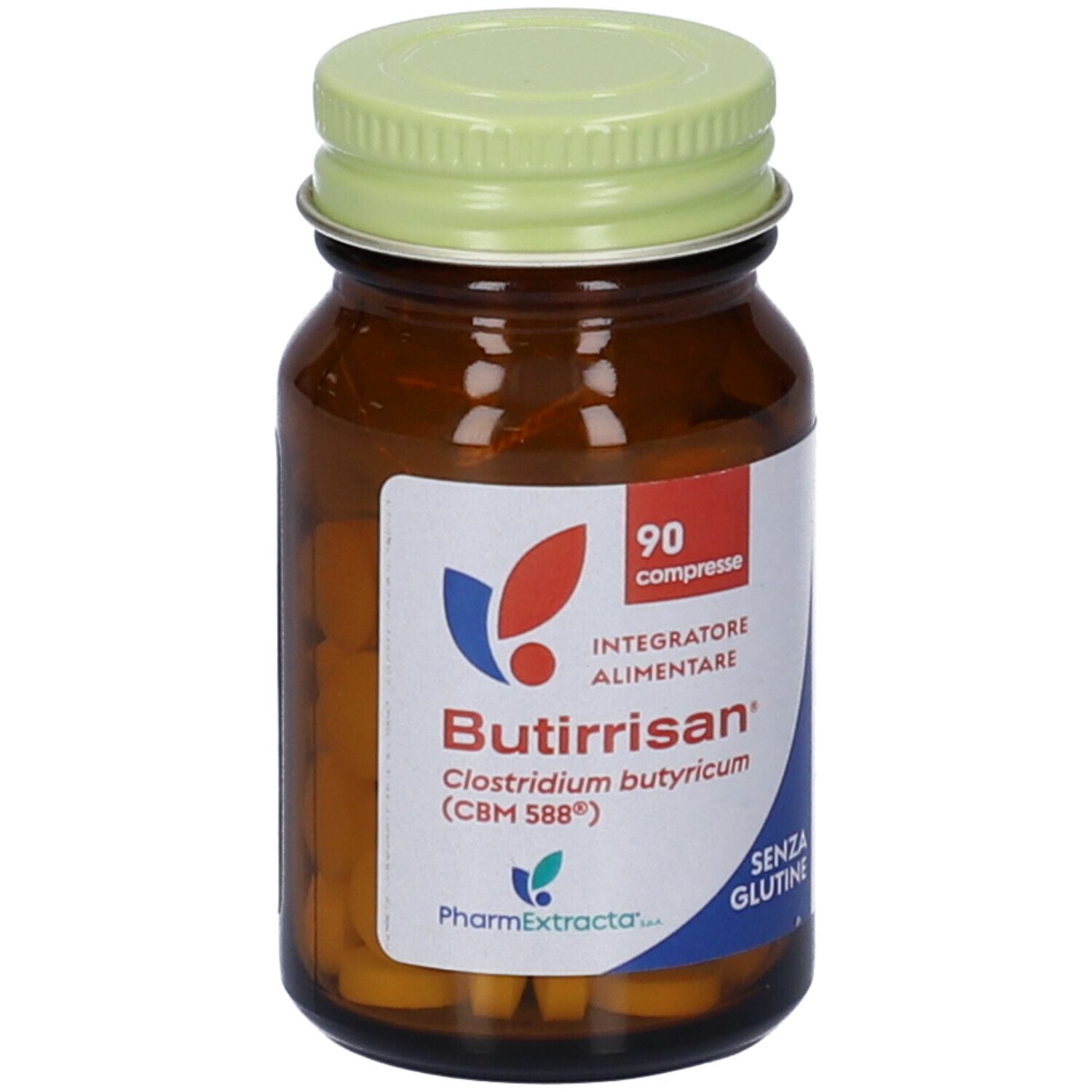 Braune Glasflasche Butirissan Compresse. 90 Tabletten. Rotes Etikett.