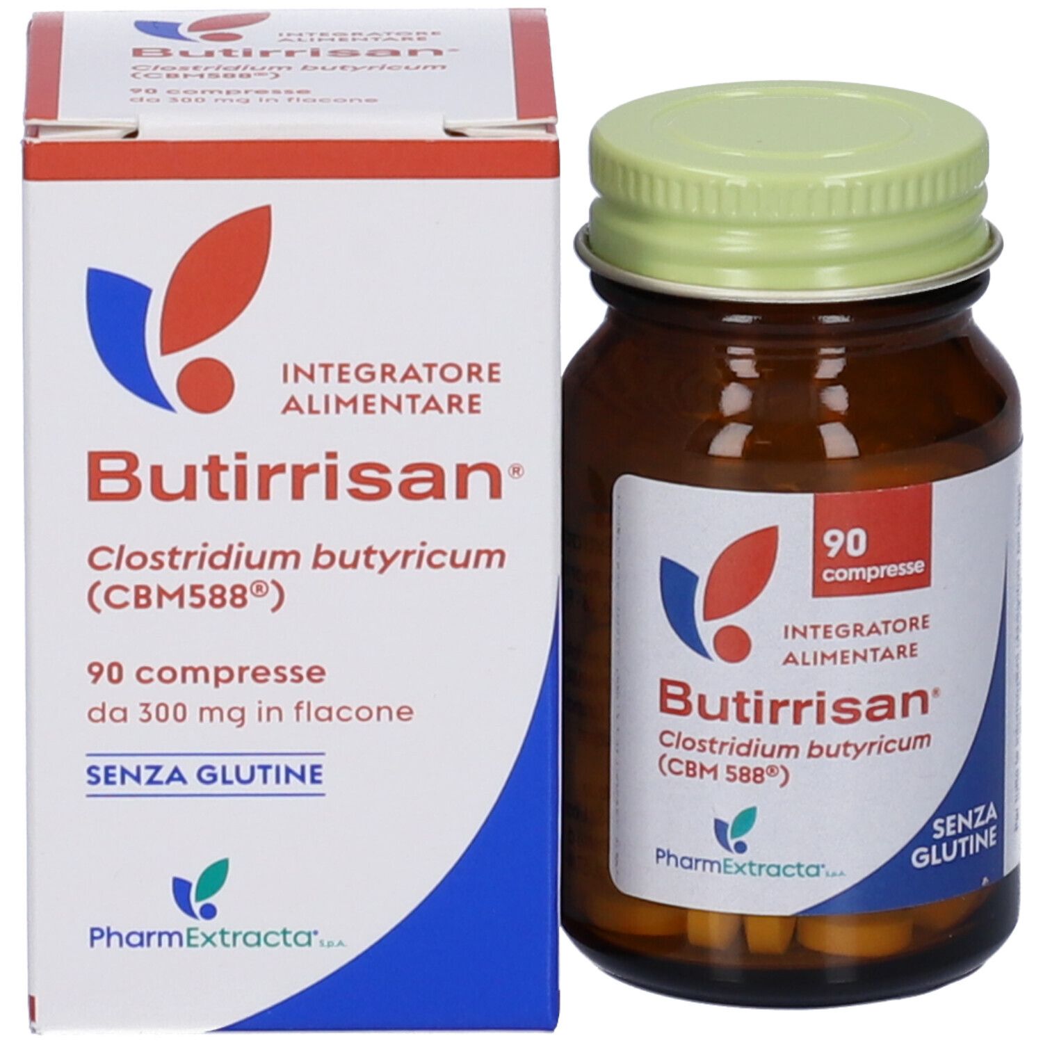 Butirissan Compresse-Packung und Flasche. 90 Tabletten. Glutenfrei.