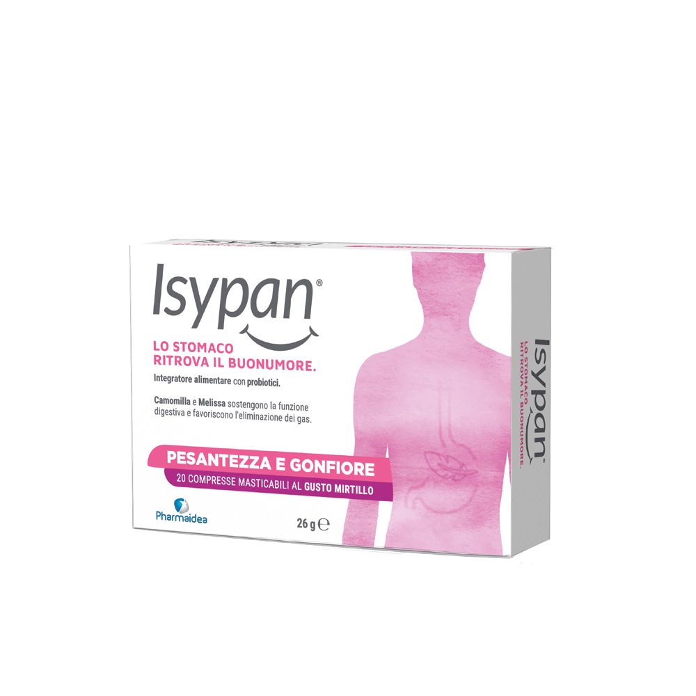 Schachtel mit Isypan-Tabletten. Aufschrift: Pesantezza e Gonfiore. 20 Kautabletten mit Blaubeergeschmack.