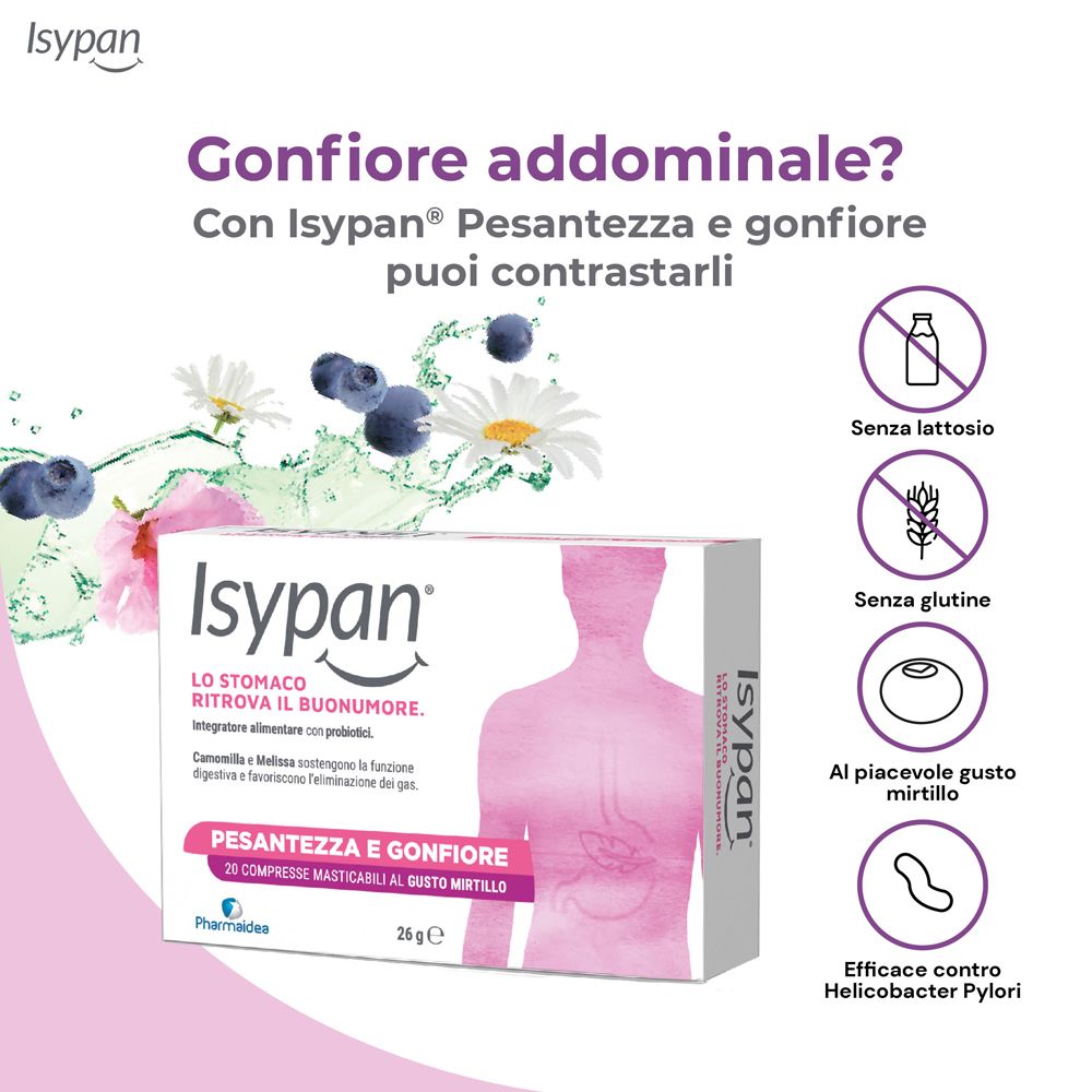 Werbebild mit Isypan-Verpackung. Text: Gonfiore addominale? Mit Isypan Pesantezza e gonfiore puoi contrastarli.