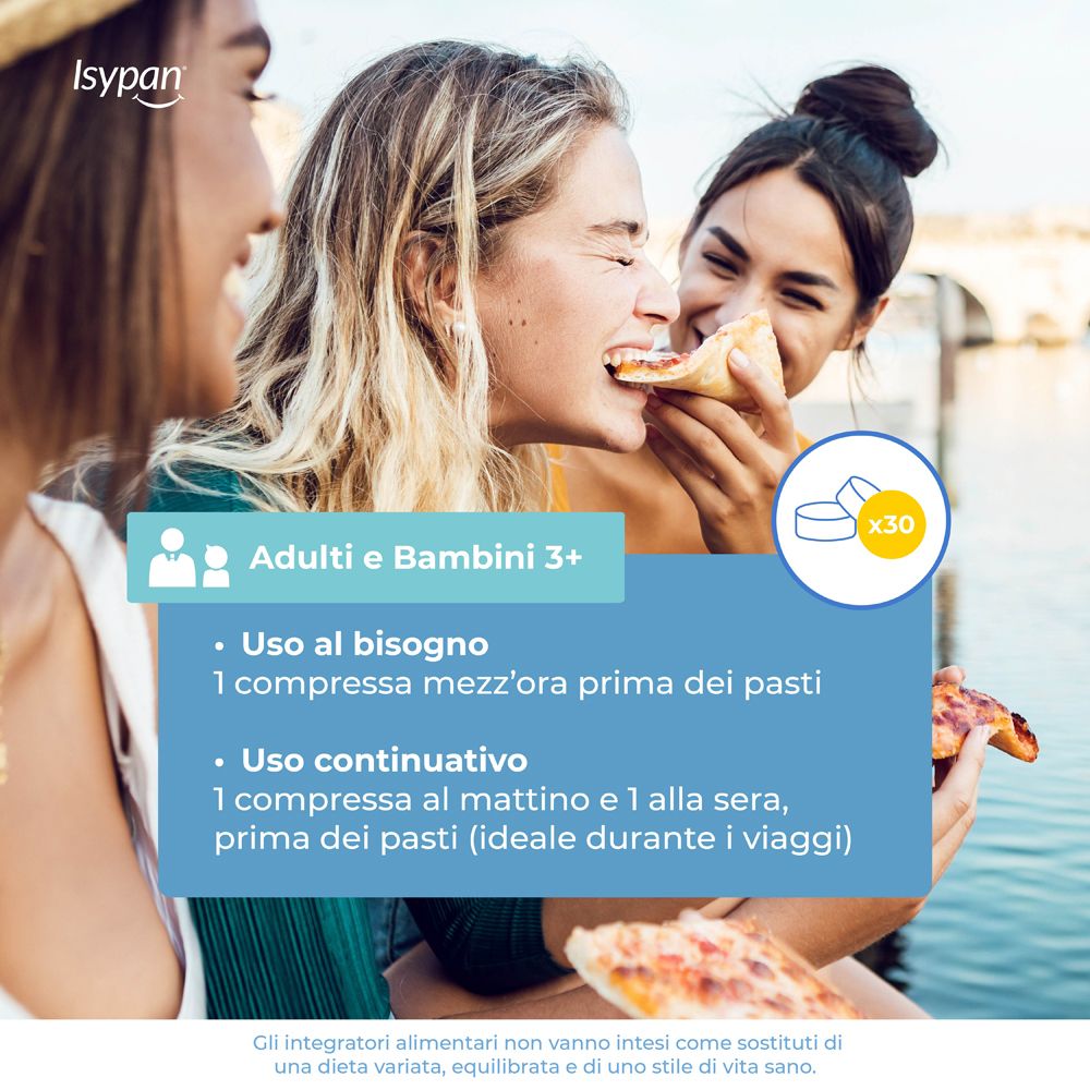 Menschen essen Pizza. Text: Adulte e bambini 3+. 30 compresse. Gebrauchsanweisung.